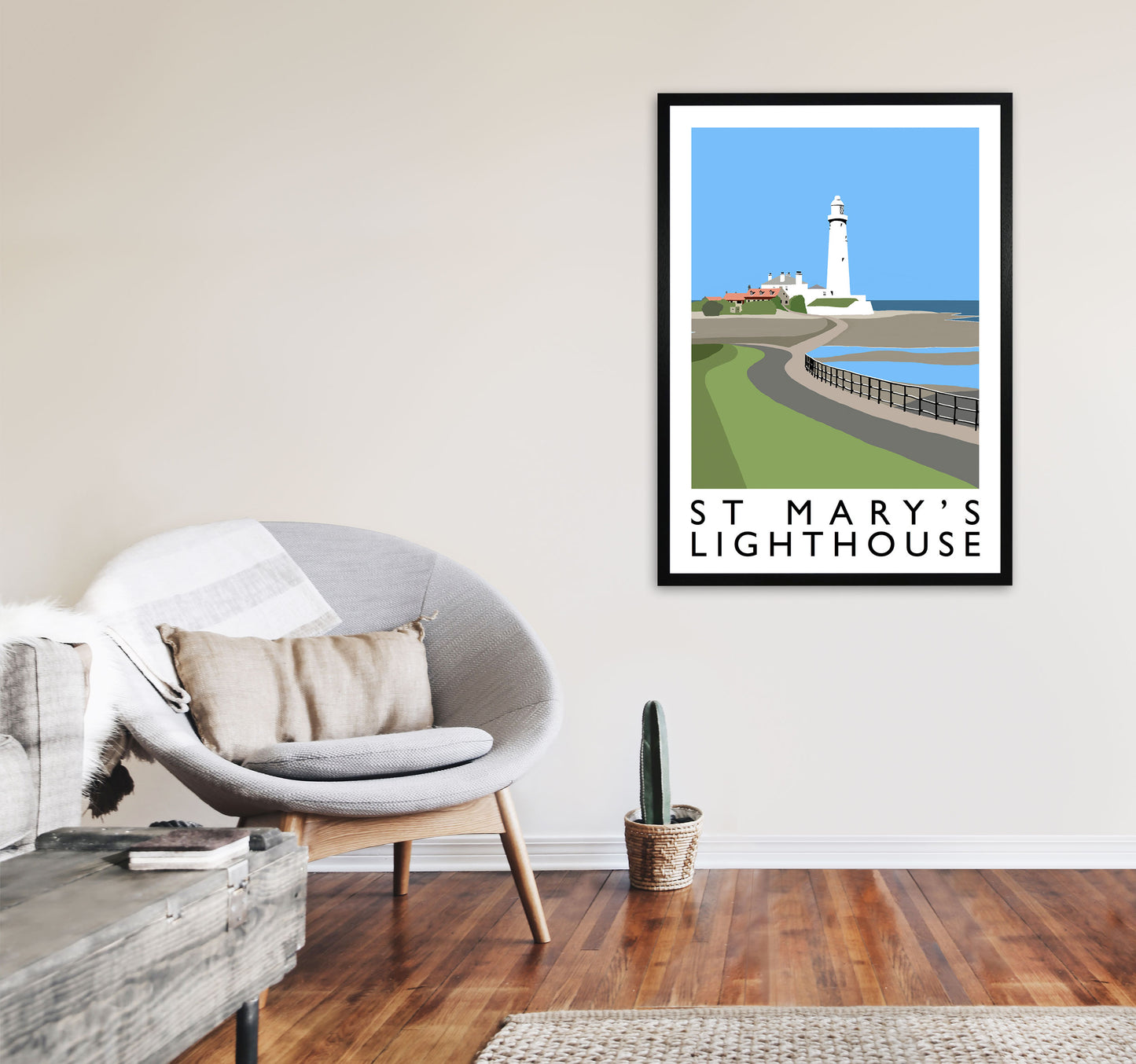 St Mary's Lighthouse Portrait Travel Art Print by Richard O'Neill A1 White Frame