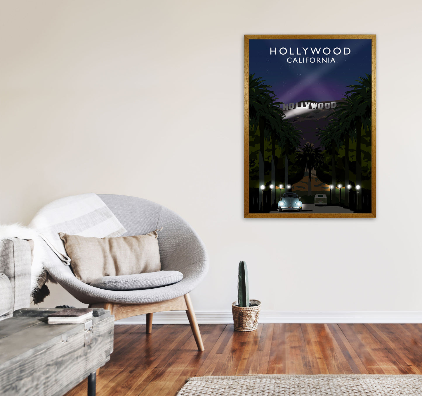 Hollywood Night California Travel Art Print by Richard O'Neill, Framed Wall Art A1 Print Only