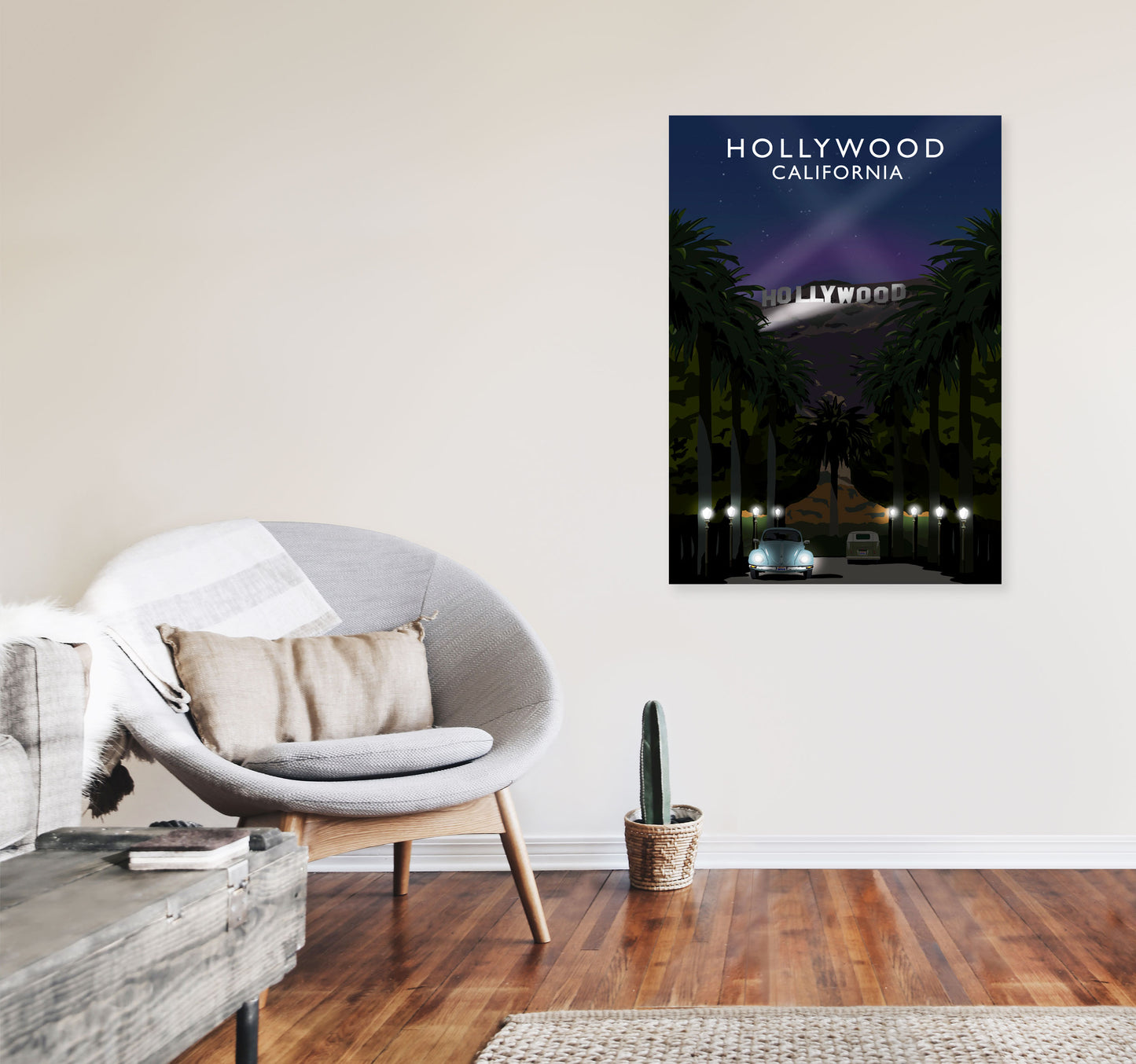 Hollywood Night California Travel Art Print by Richard O'Neill, Framed Wall Art A1 Black Frame