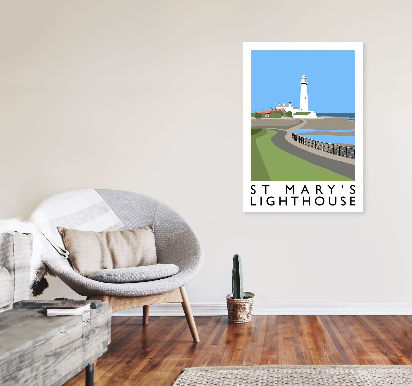 St Mary's Lighthouse Portrait Travel Art Print by Richard O'Neill A1 Black Frame