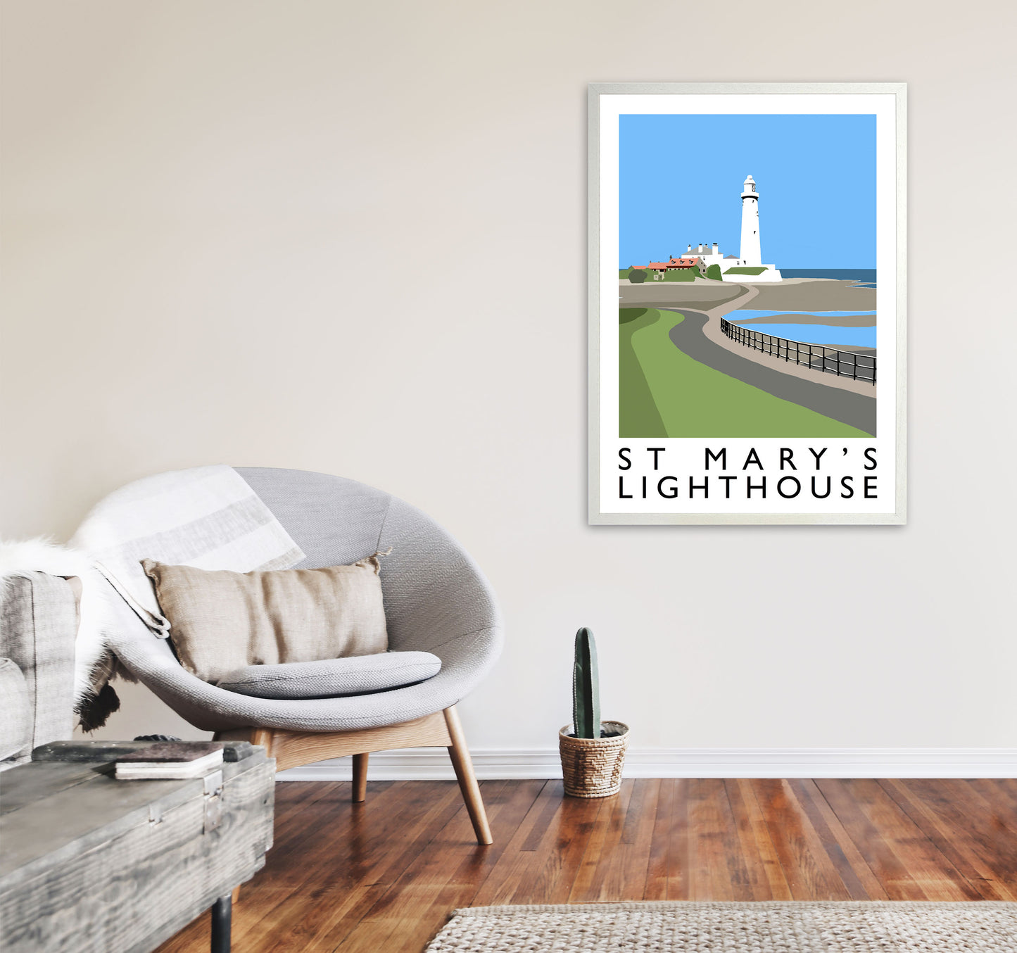St Mary's Lighthouse Portrait Travel Art Print by Richard O'Neill A1 Oak Frame
