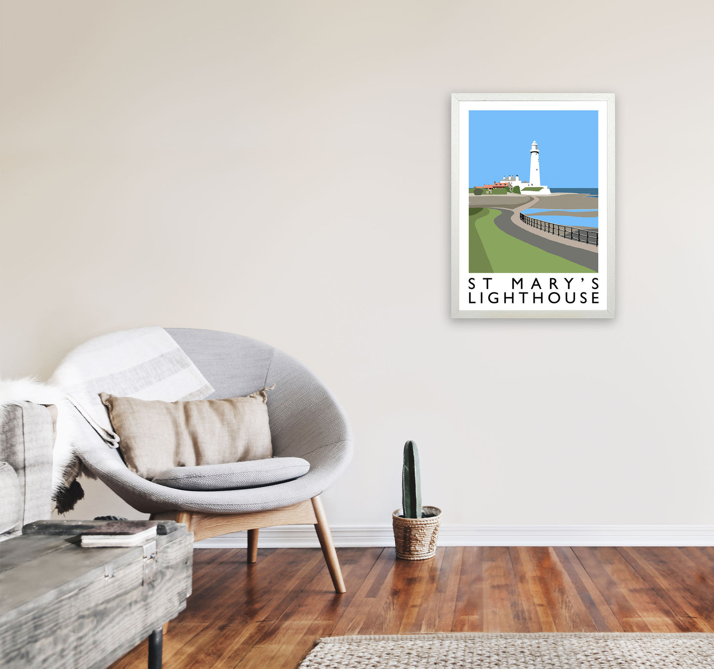 St Mary's Lighthouse Portrait Travel Art Print by Richard O'Neill A2 Oak Frame