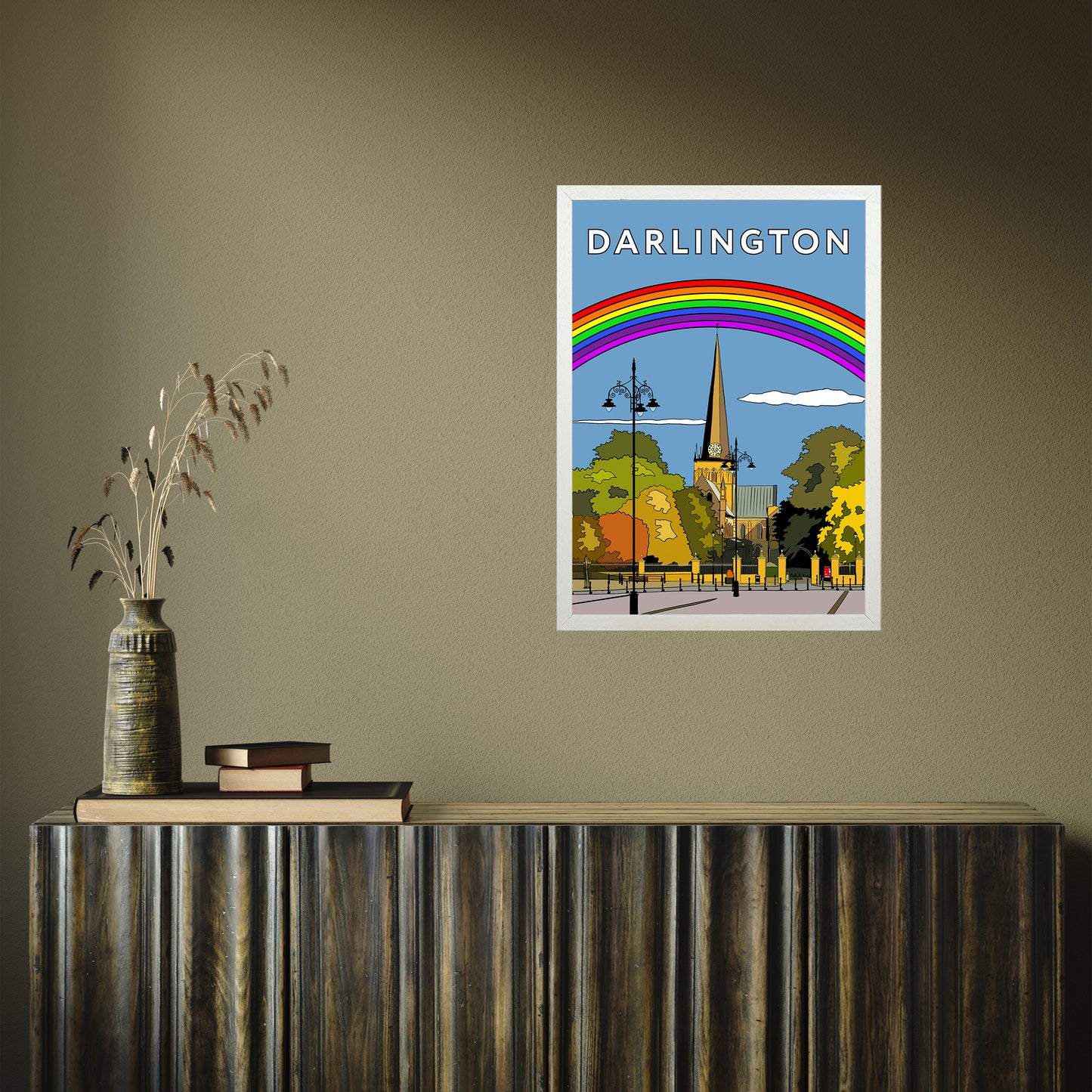 Darlington (St Cuthbert's Church) portrait by Richard O'Neill A2 White Frame