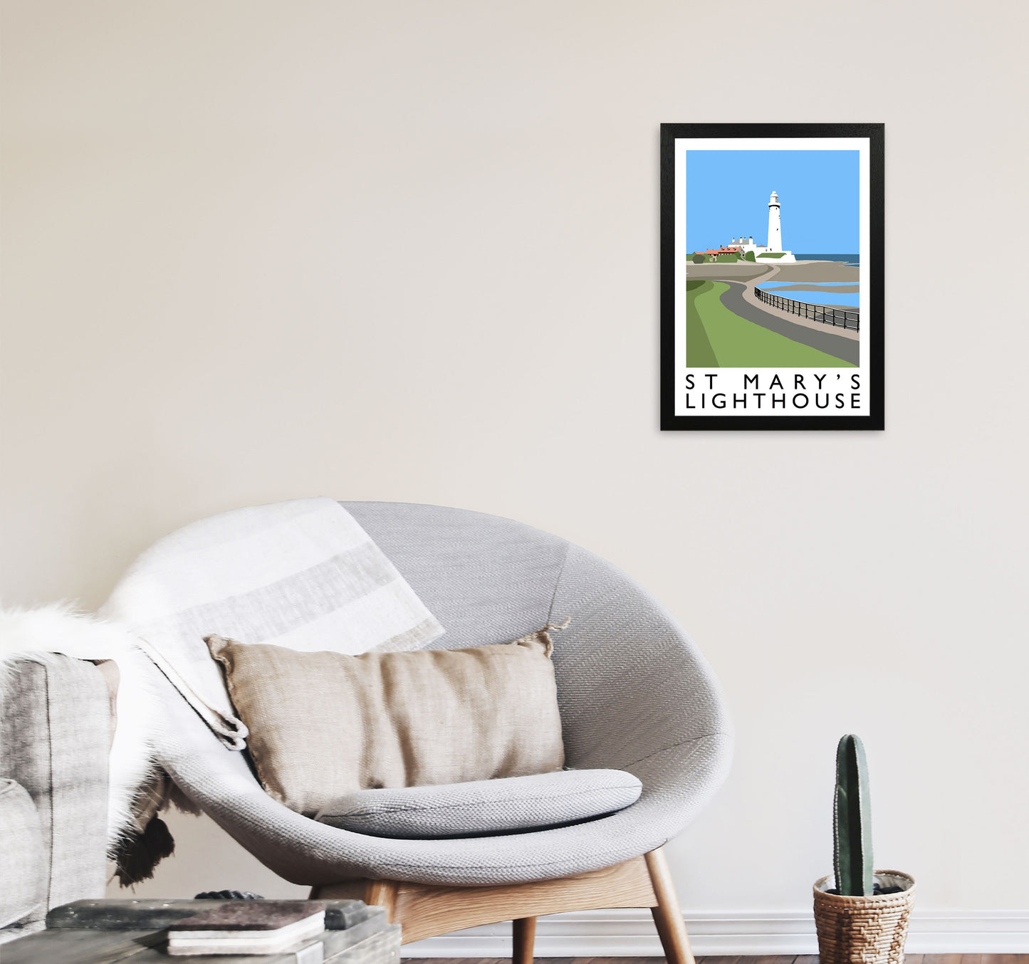 St Mary's Lighthouse Portrait Travel Art Print by Richard O'Neill A3 White Frame
