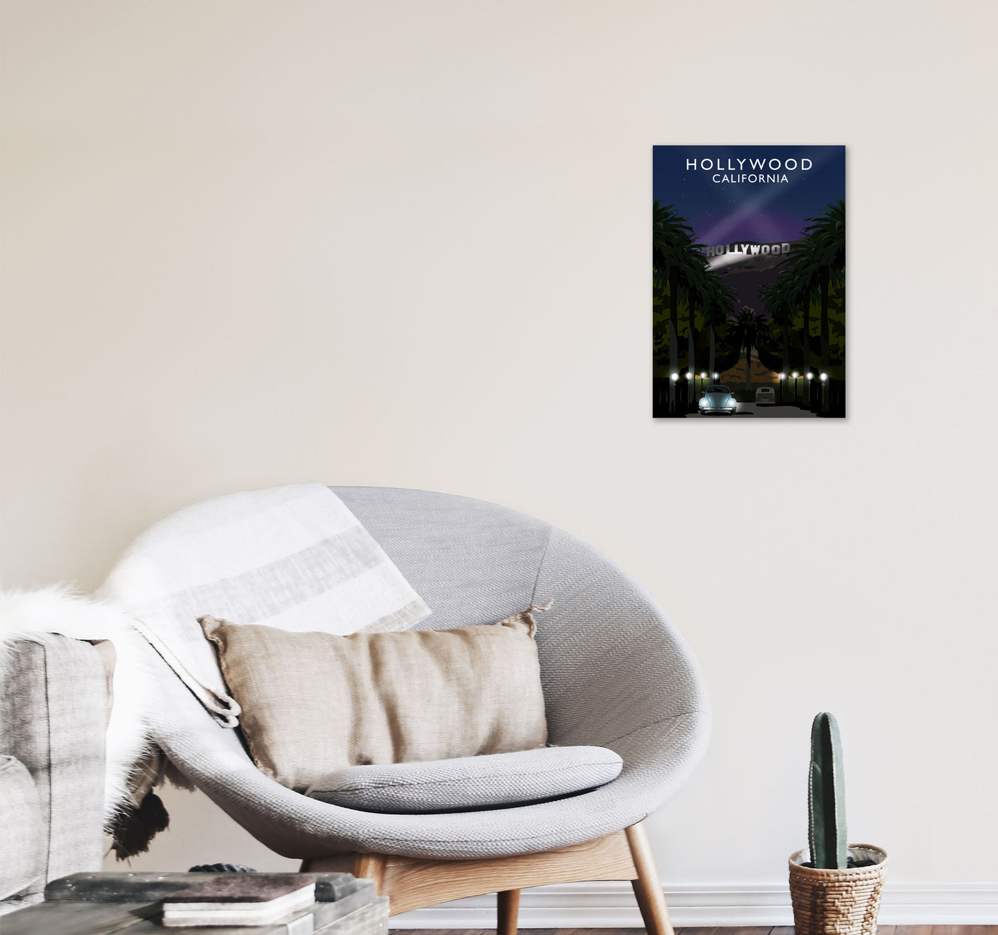 Hollywood Night California Travel Art Print by Richard O'Neill, Framed Wall Art A3 Black Frame