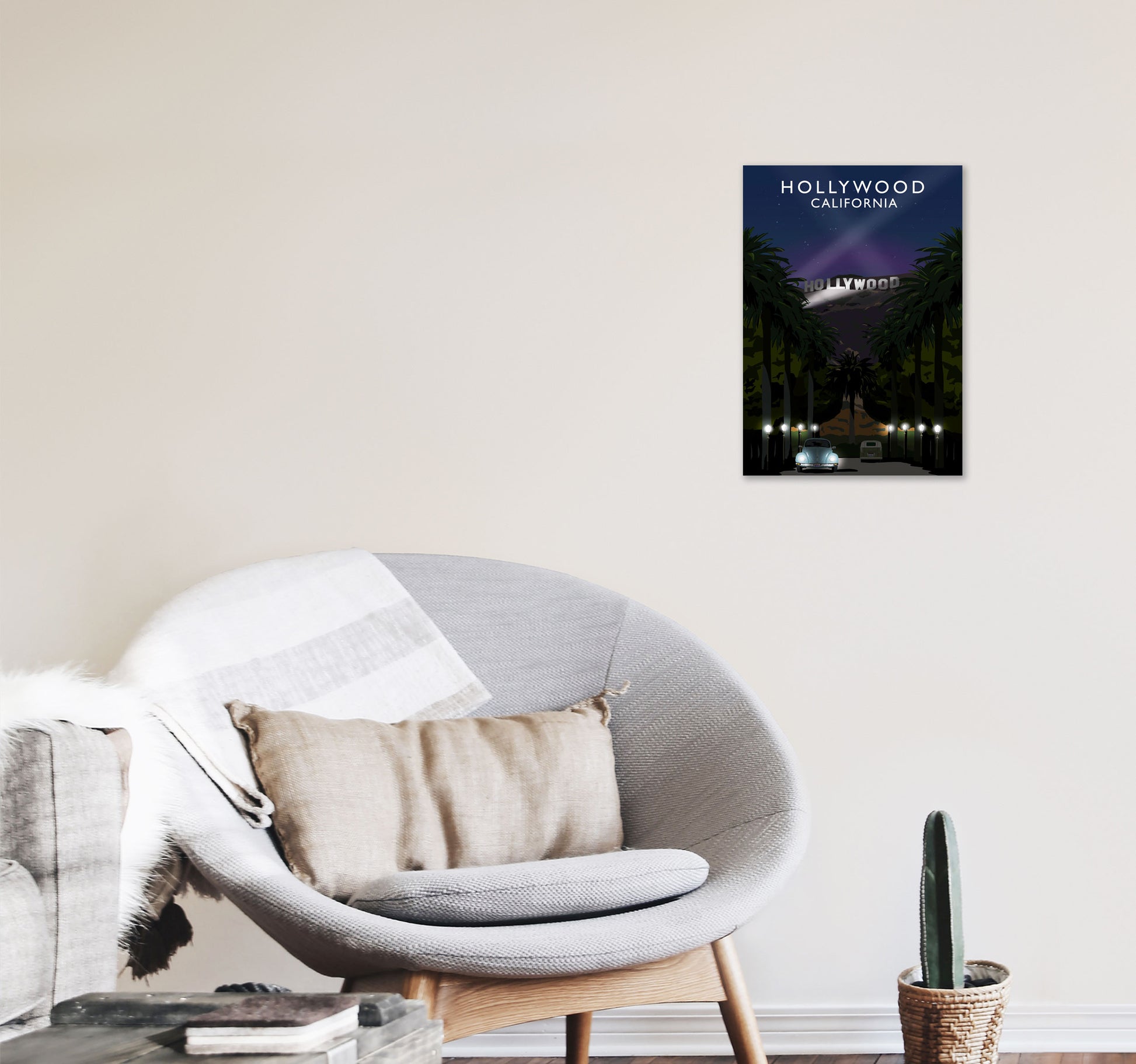 Hollywood Night California Travel Art Print by Richard O'Neill, Framed Wall Art A3 Black Frame