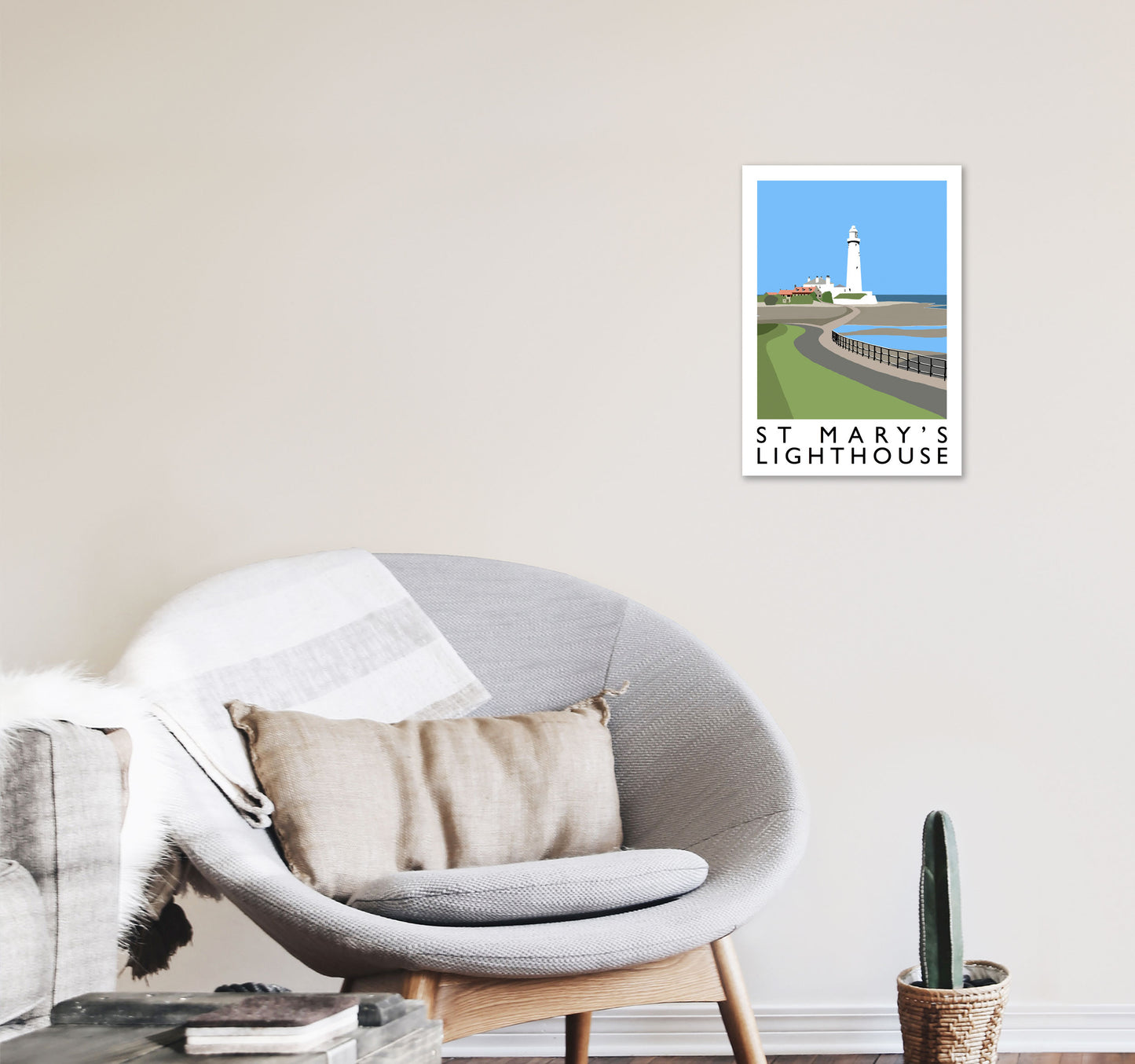 St Mary's Lighthouse Portrait Travel Art Print by Richard O'Neill A3 Black Frame