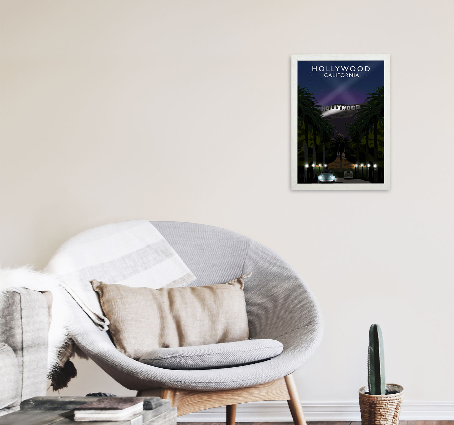 Hollywood Night California Travel Art Print by Richard O'Neill, Framed Wall Art A3 Oak Frame