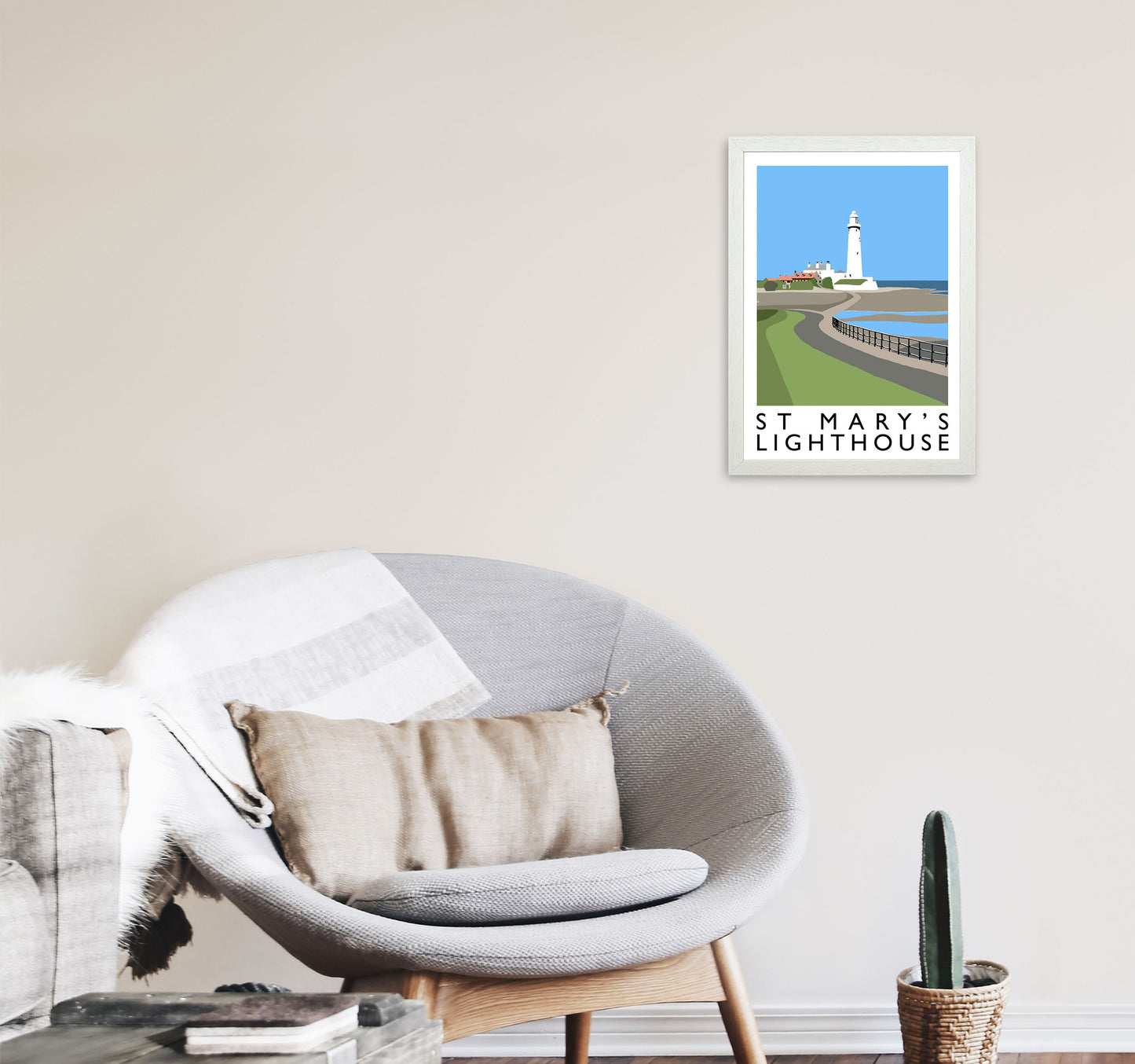 St Mary's Lighthouse Portrait Travel Art Print by Richard O'Neill A3 Oak Frame