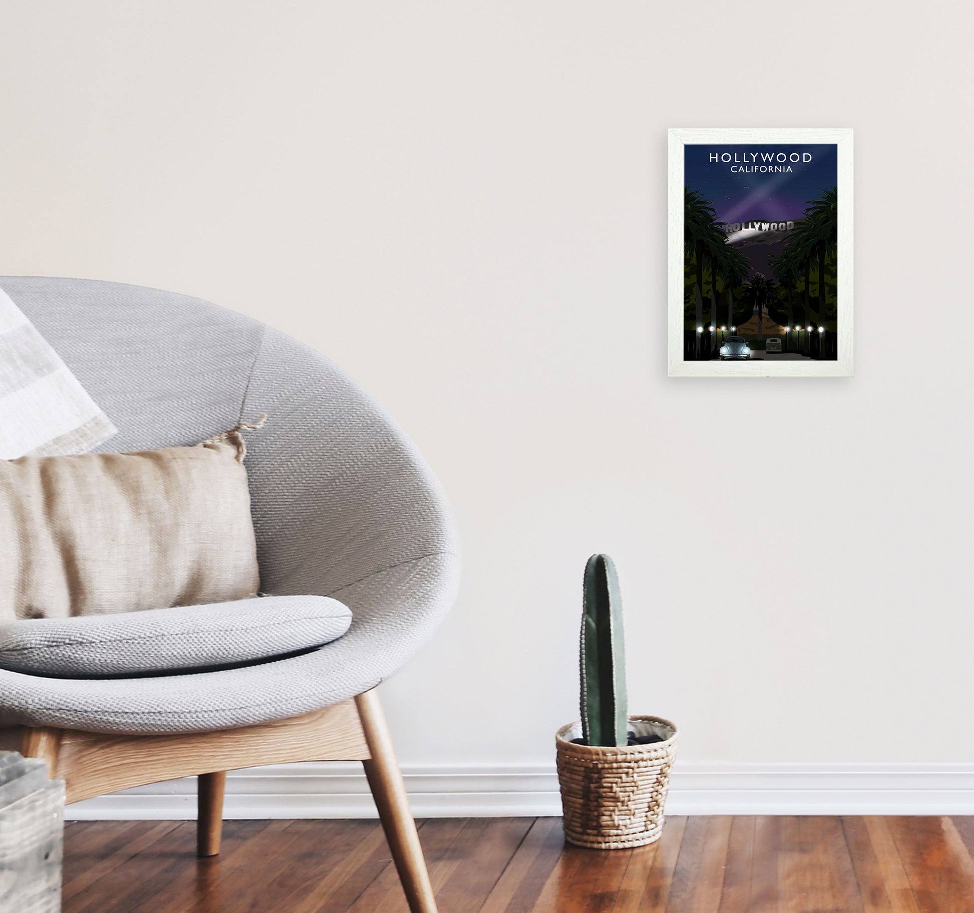 Hollywood Night California Travel Art Print by Richard O'Neill, Framed Wall Art A4 Oak Frame