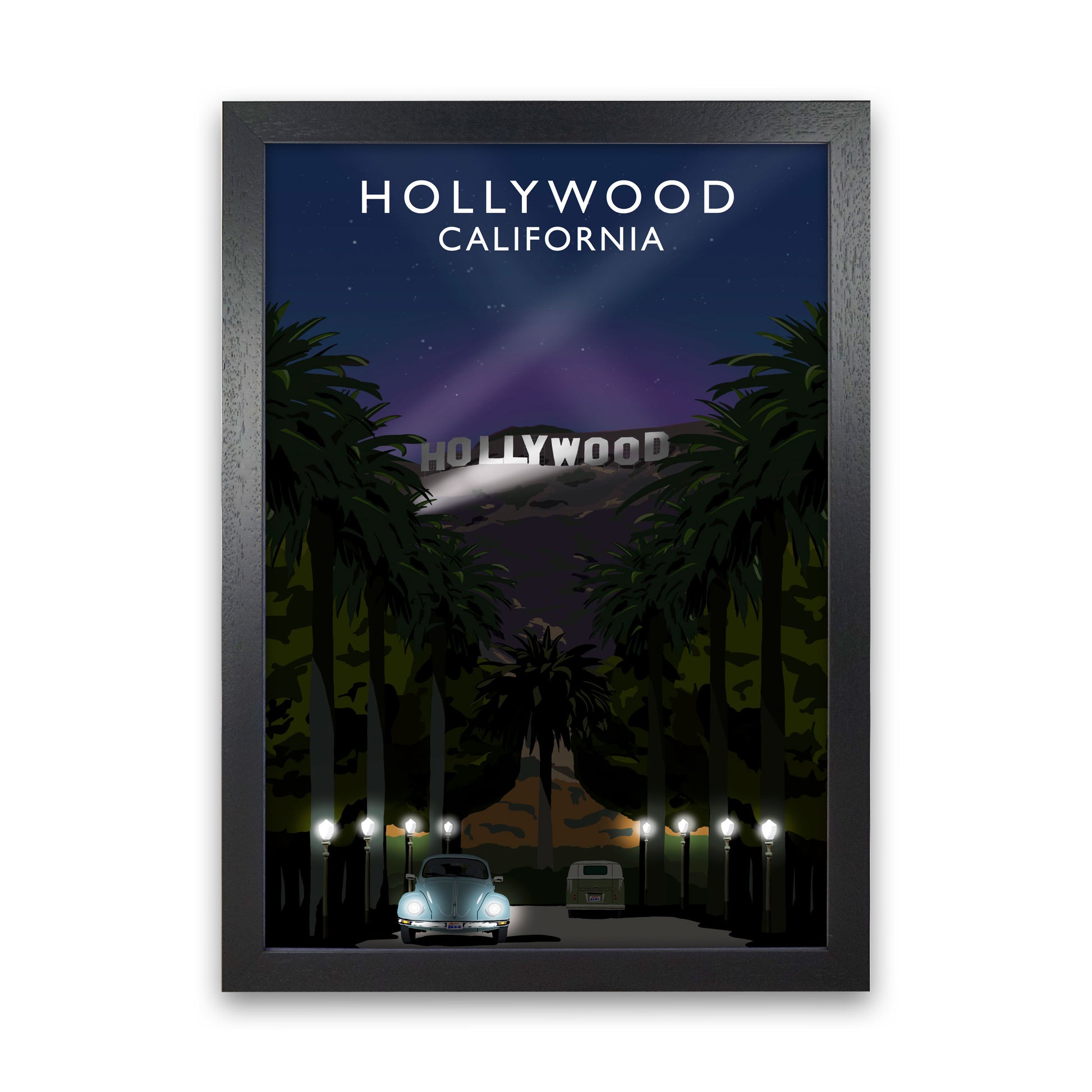Hollywood Night California Travel Art Print by Richard O'Neill, Framed Wall Art Black Grain