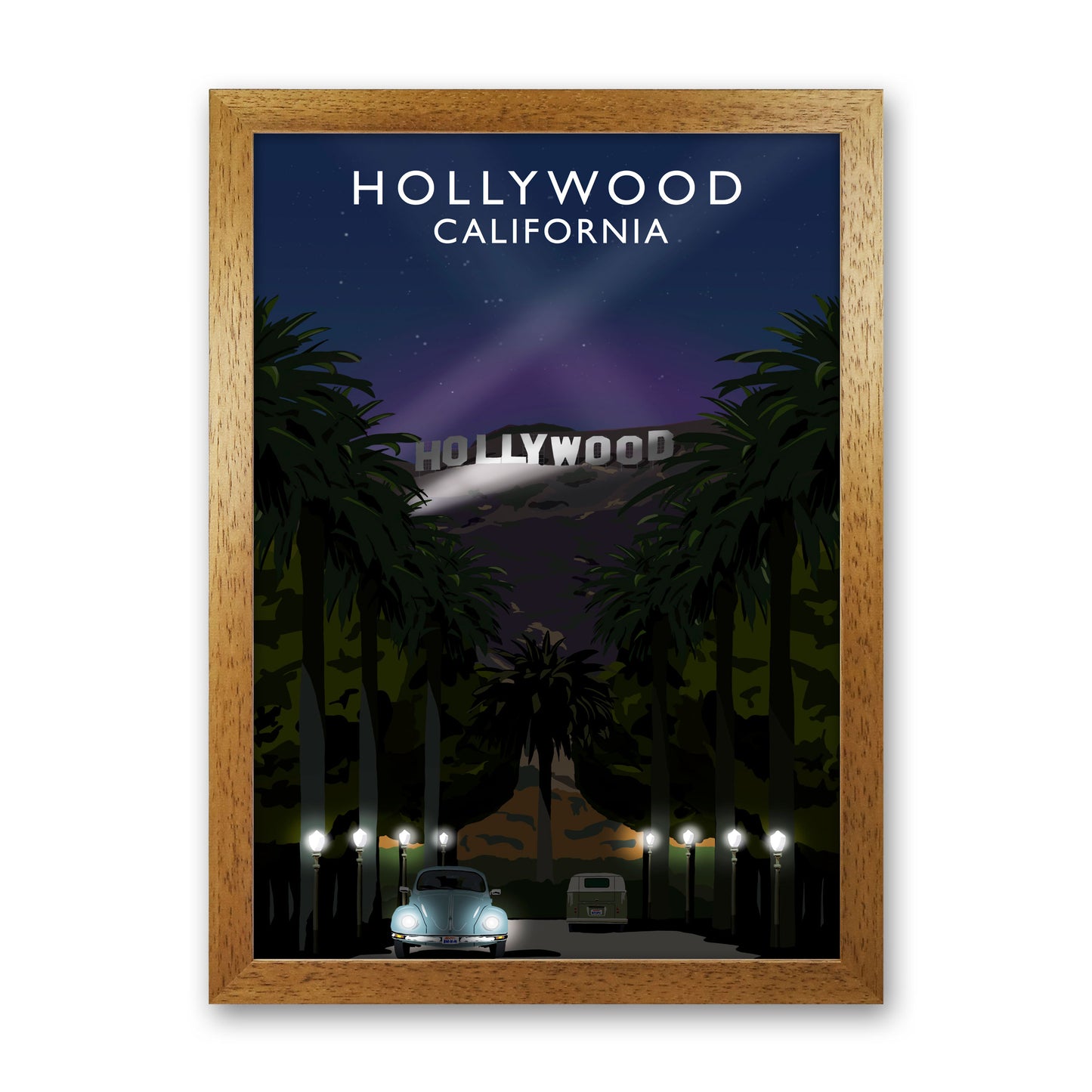 Hollywood Night California Travel Art Print by Richard O'Neill, Framed Wall Art Oak Grain