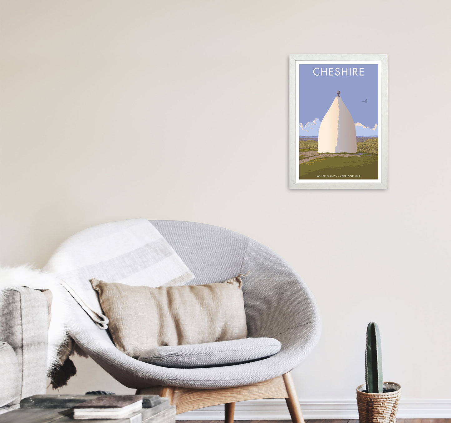 Cheshire White Nancy Travel Art Print by Stephen Millership A3 Oak Frame