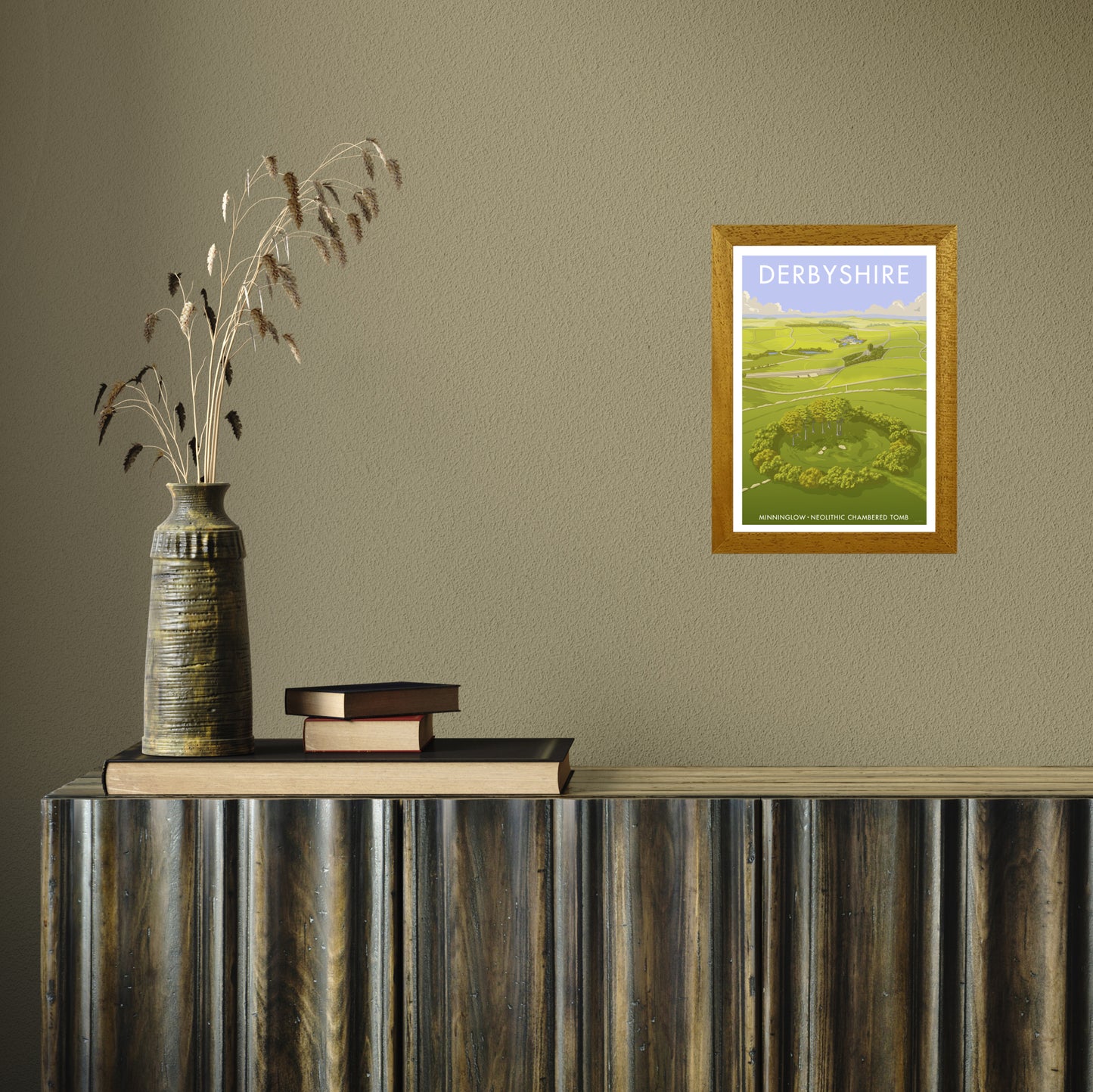 DERBYSHIRE MINNINGLOW A3 by Stephen Millership A4 Oak Frame
