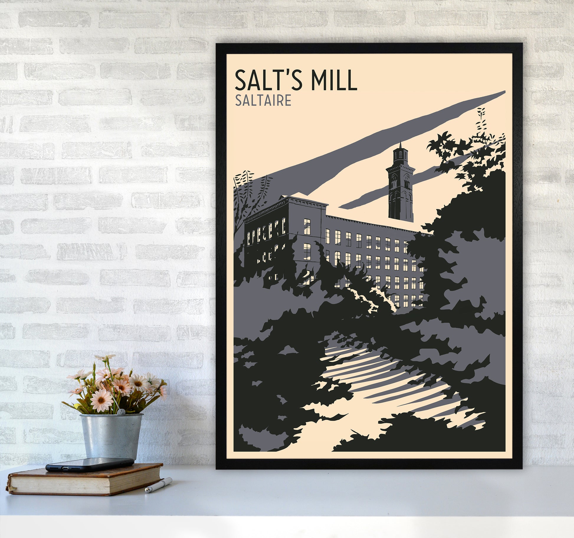 Salt's Mill, Saltaire Travel Art Print by Richard O'Neill A1 White Frame