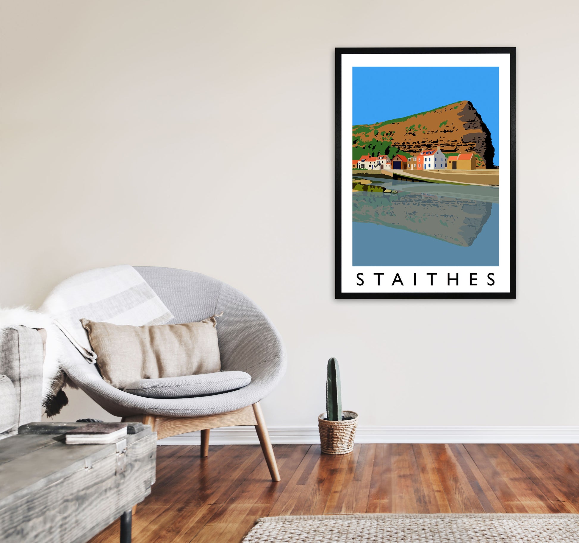 Staithes Art Print by Richard O'Neill A1 White Frame