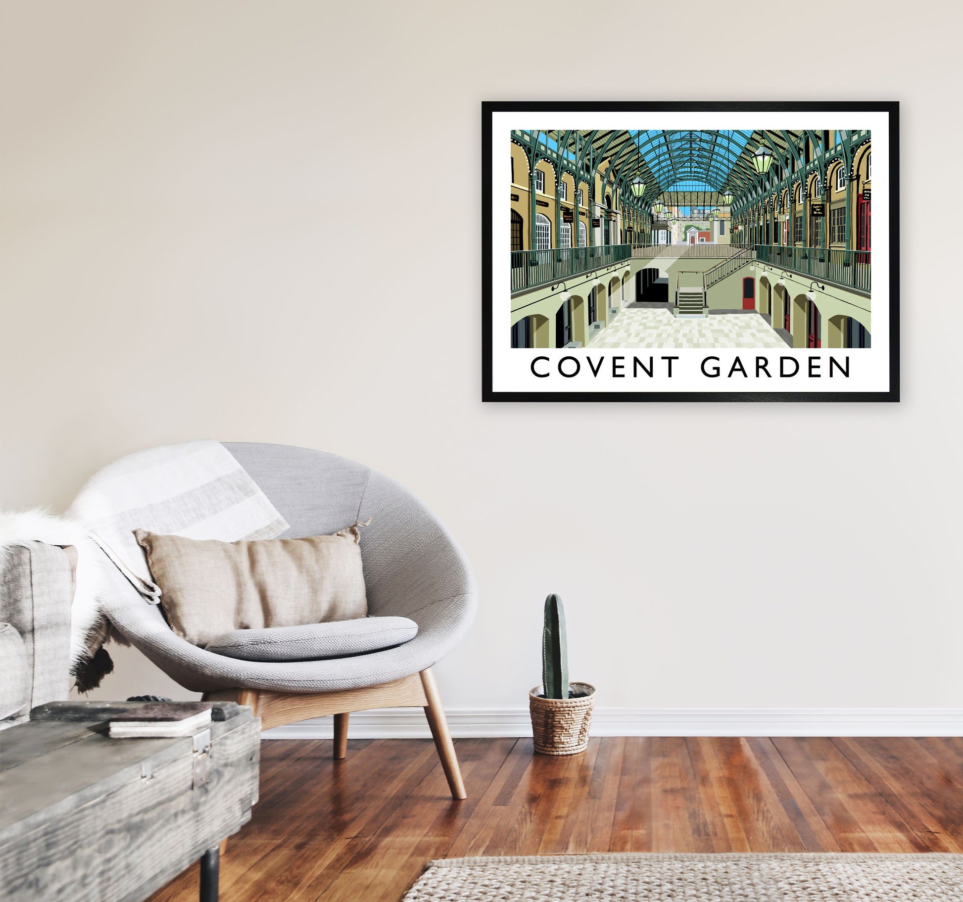 Covent Garden London Vintage Travel Art Poster by Richard O'Neill, Framed Wall Art Print, Cityscape, Landscape Art Gifts A1 White Frame