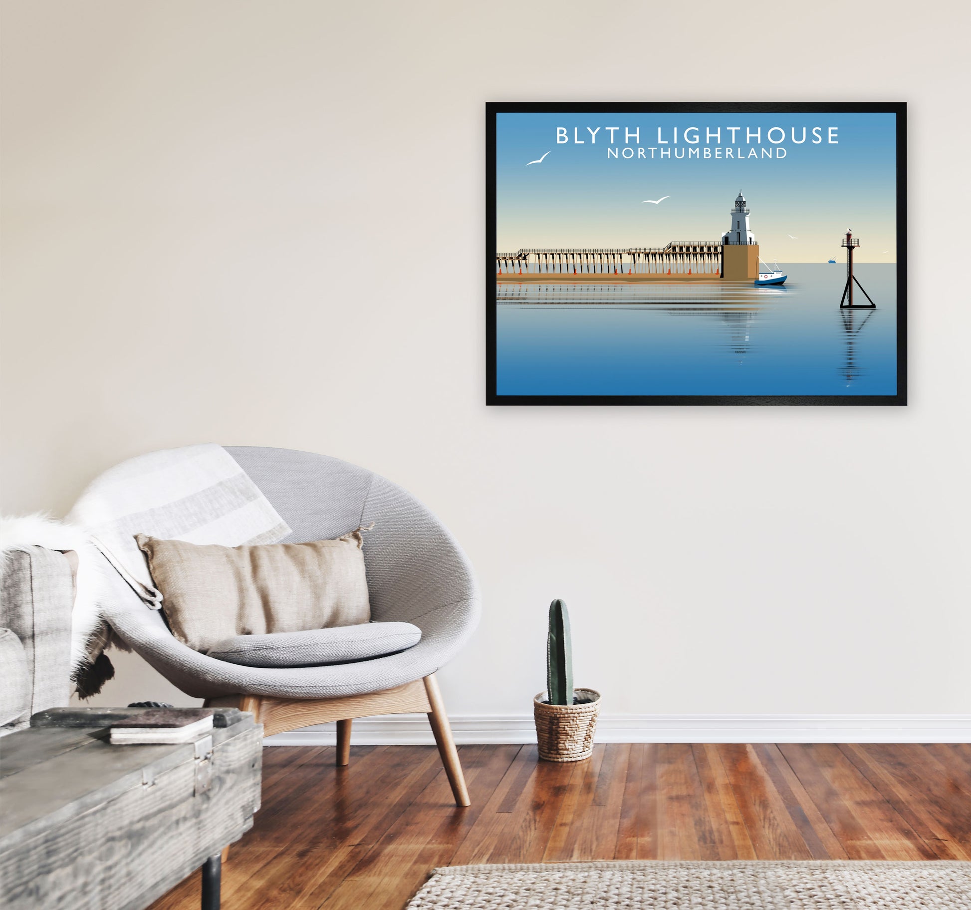 Blyth Lighthouse Northumberland Framed Digital Art Print by Richard O'Neill A1 White Frame