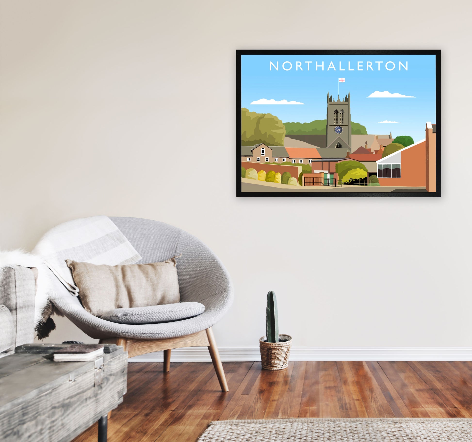 Northallerton (Landscape) by Richard O'Neill Yorkshire Art Print, Travel Poster A1 White Frame