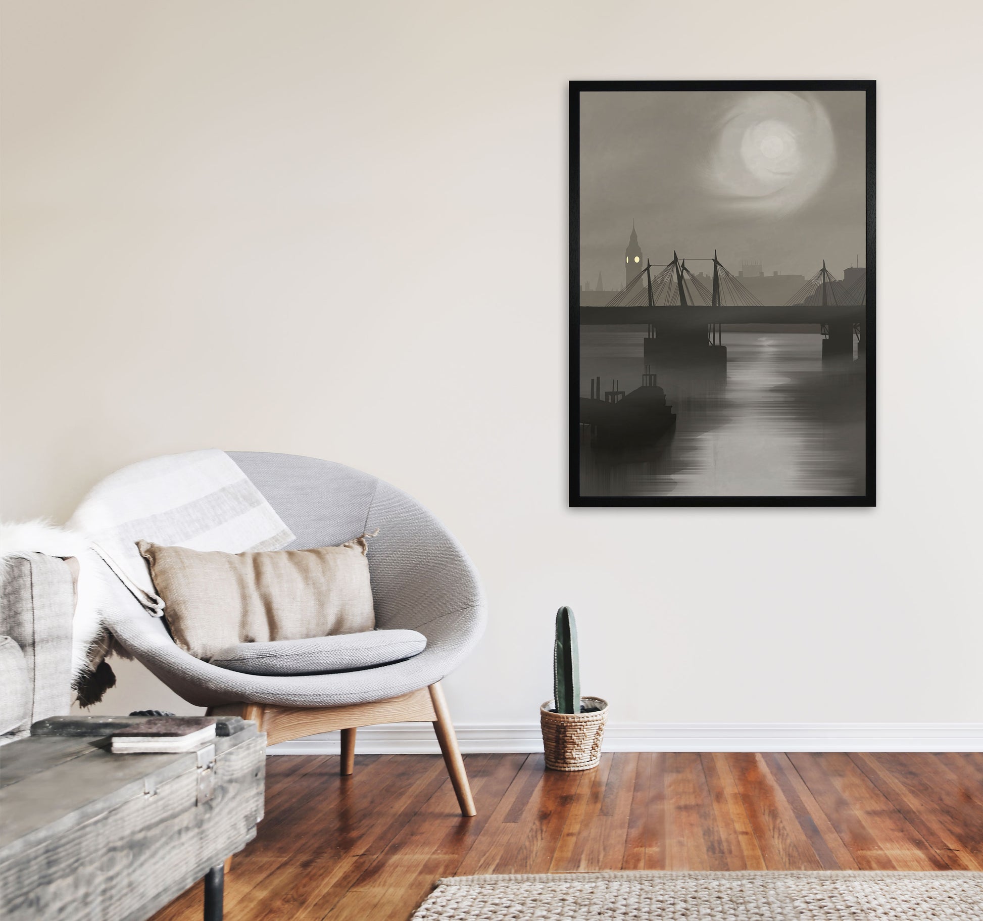 London In Fog Portrait by Richard O'Neill A1 White Frame