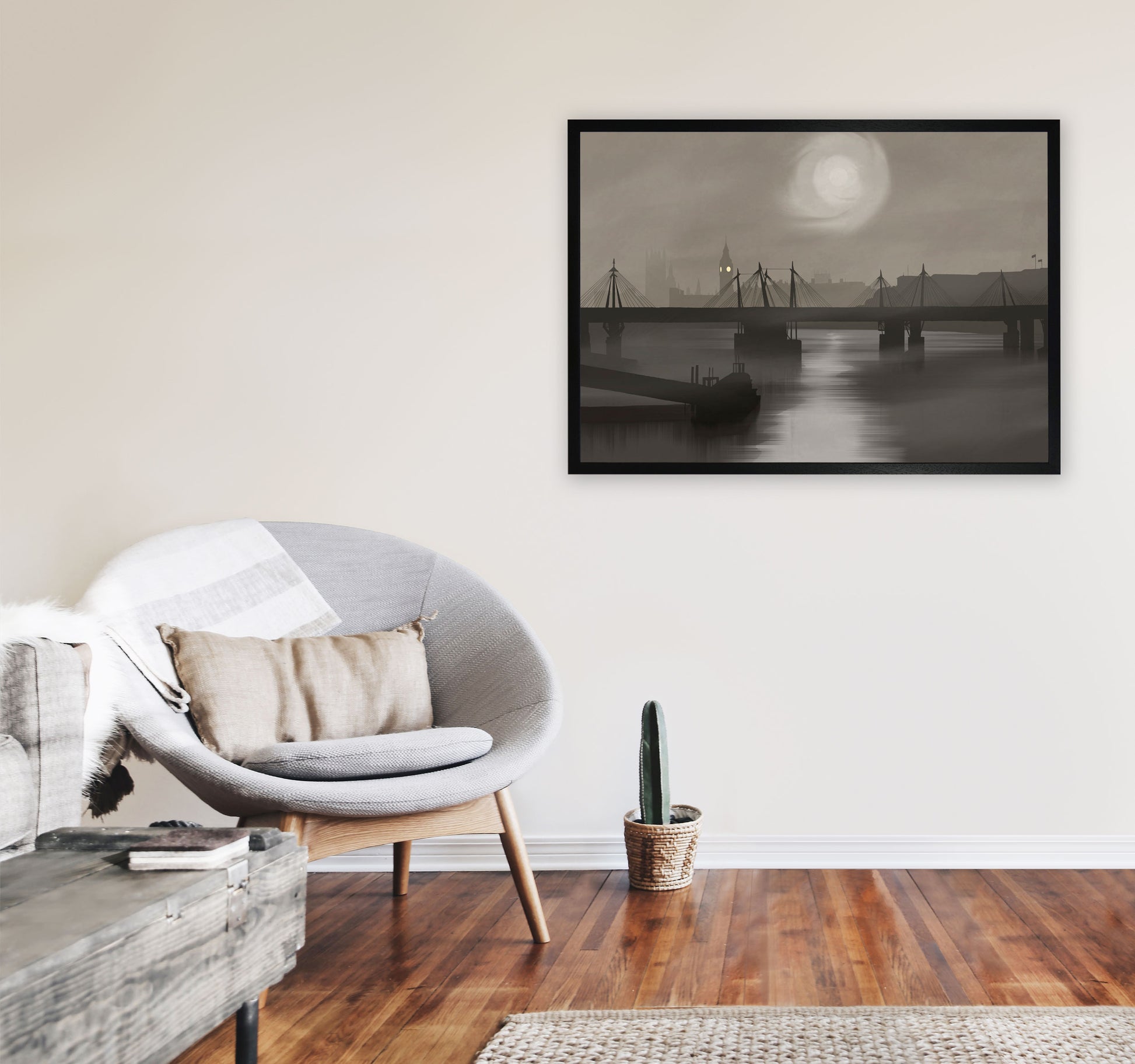 London In Fog by Richard O'Neill A1 White Frame