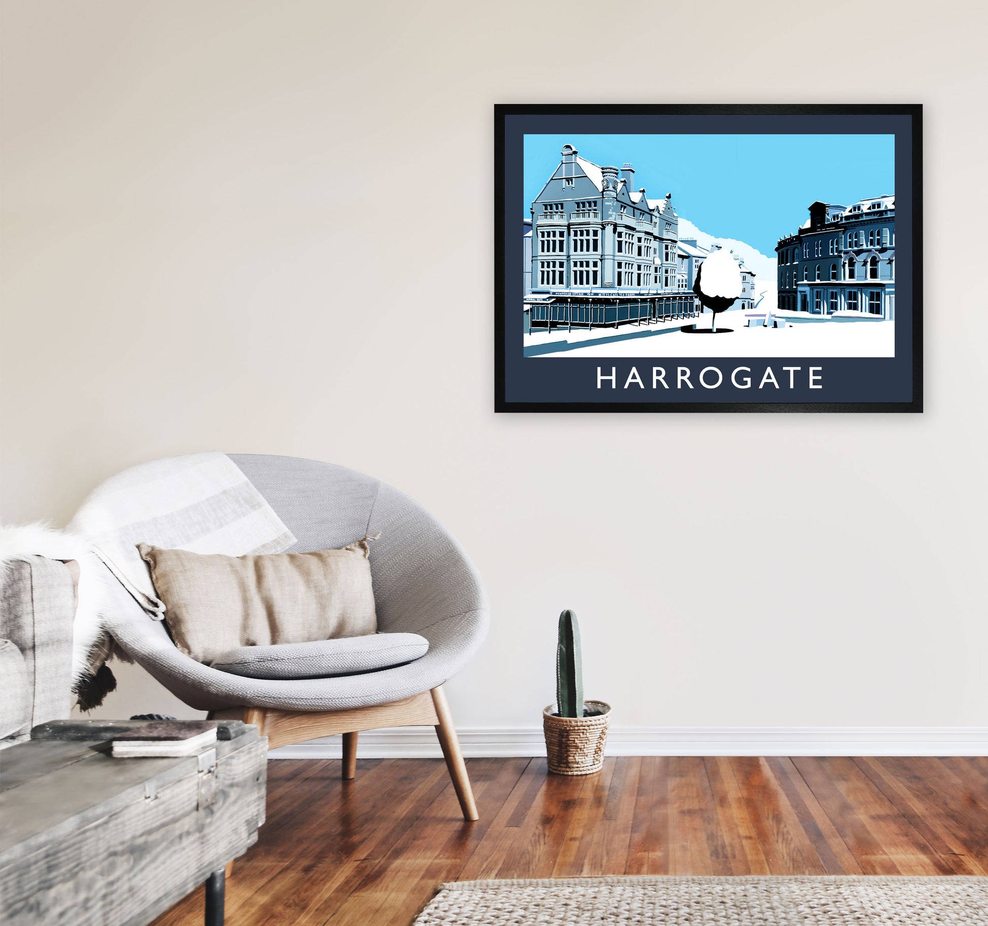 Harrogate In Snow Travel Art Print by Richard O'Neill, Framed Wall Art A1 White Frame