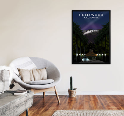 Hollywood Night California Travel Art Print by Richard O'Neill, Framed Wall Art A1 White Frame