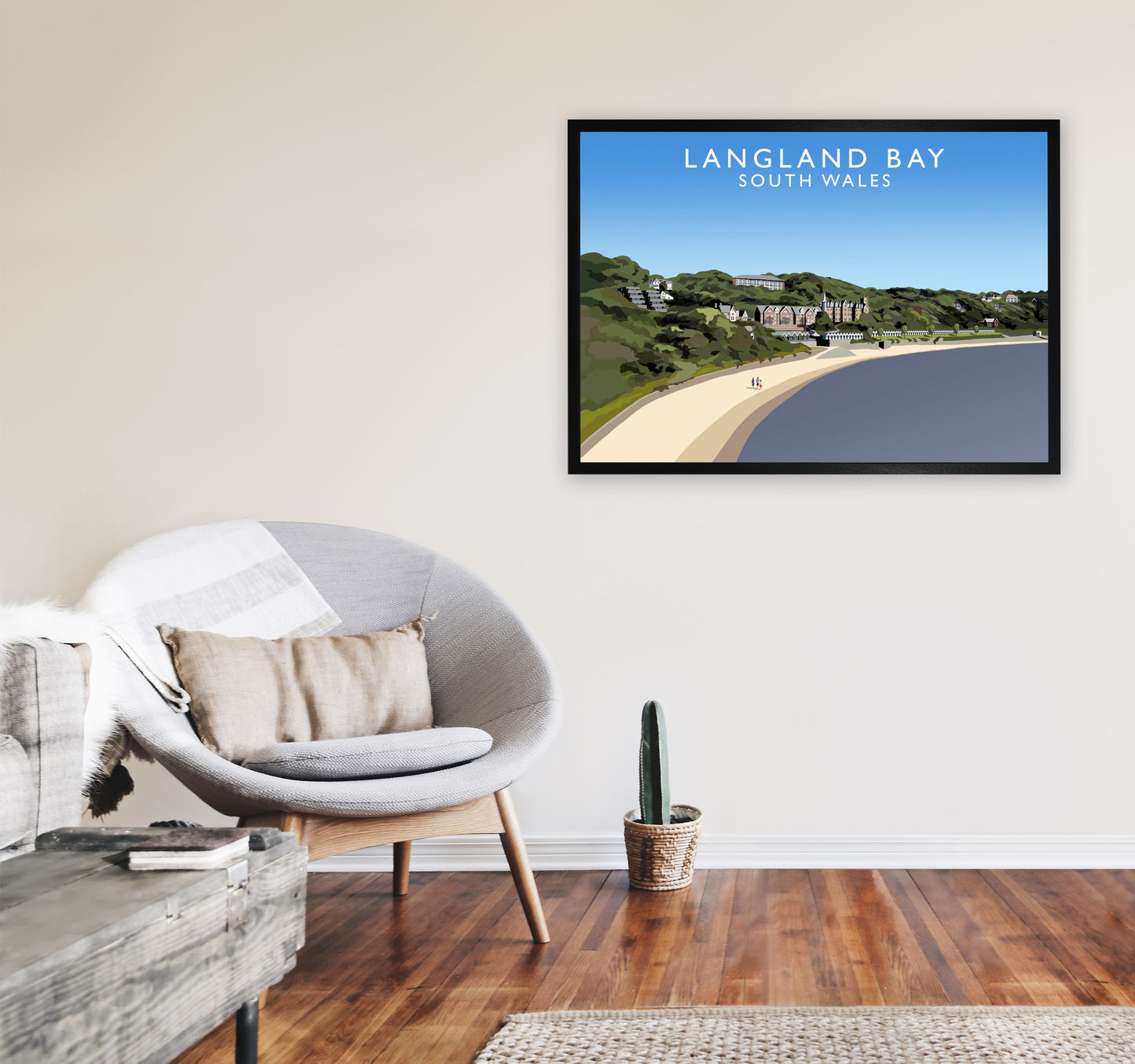 Langland Bay Travel Art Print by Richard O'Neill, Framed Wall Art A1 White Frame