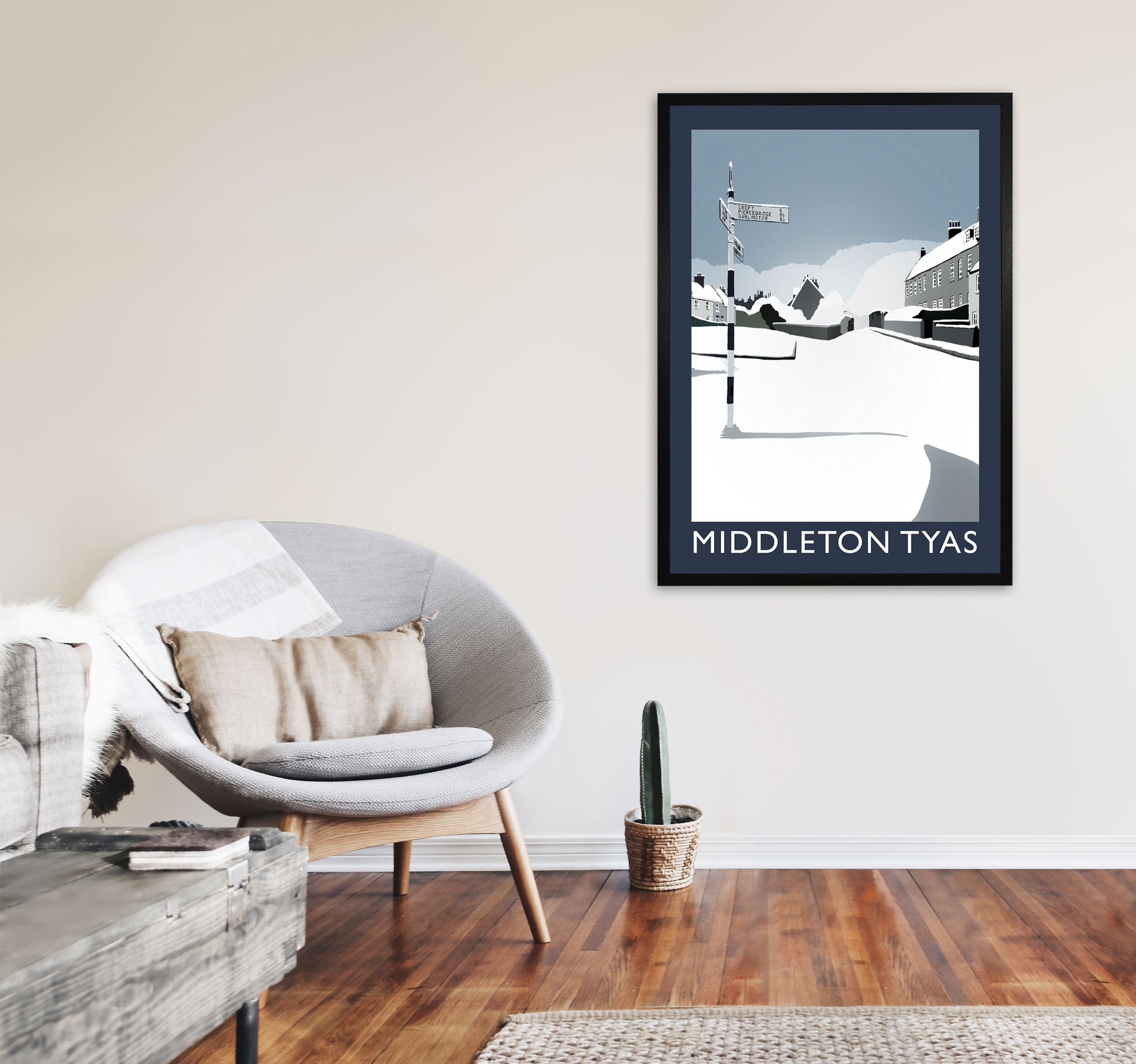 Middleton Tyas in Snow Portrait Travel Art Print by Richard O'Neill, Framed Wall Art A1 White Frame