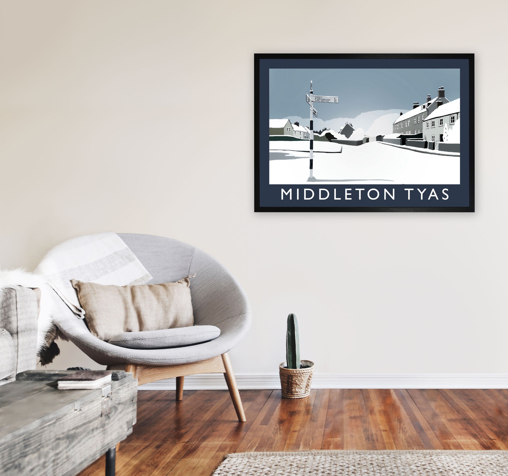 Middleton Tyas in Snow Travel Art Print by Richard O'Neill, Framed Wall Art A1 White Frame