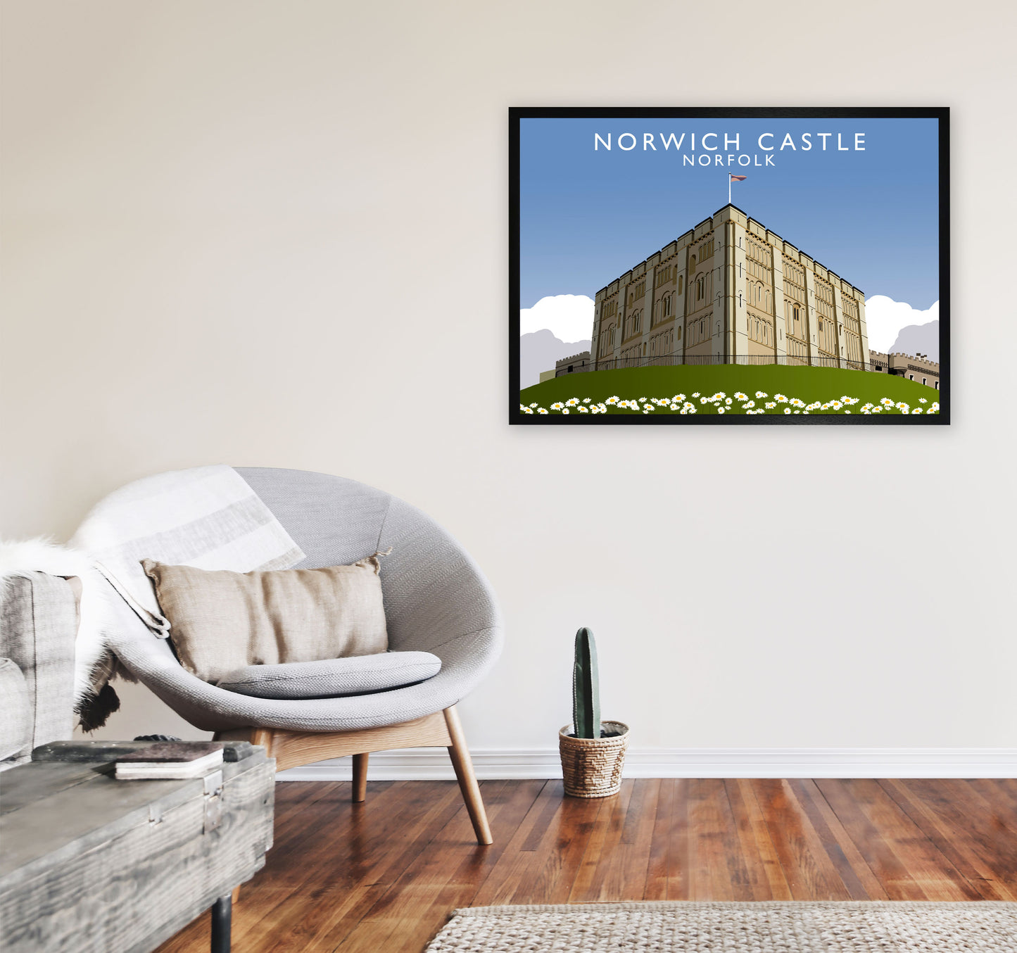 Norwich Castle Norfolk Travel Art Print by Richard O'Neill, Framed Wall Art A1 White Frame