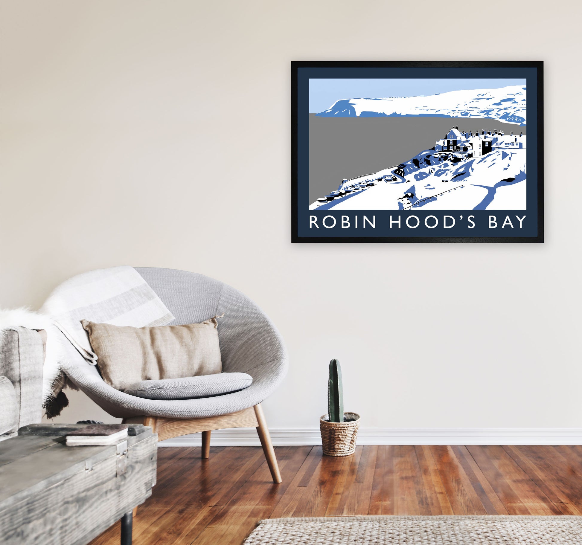 Robin Hood's Bay In Snow Travel Art Print by Richard O'Neill, Framed Wall Art A1 White Frame