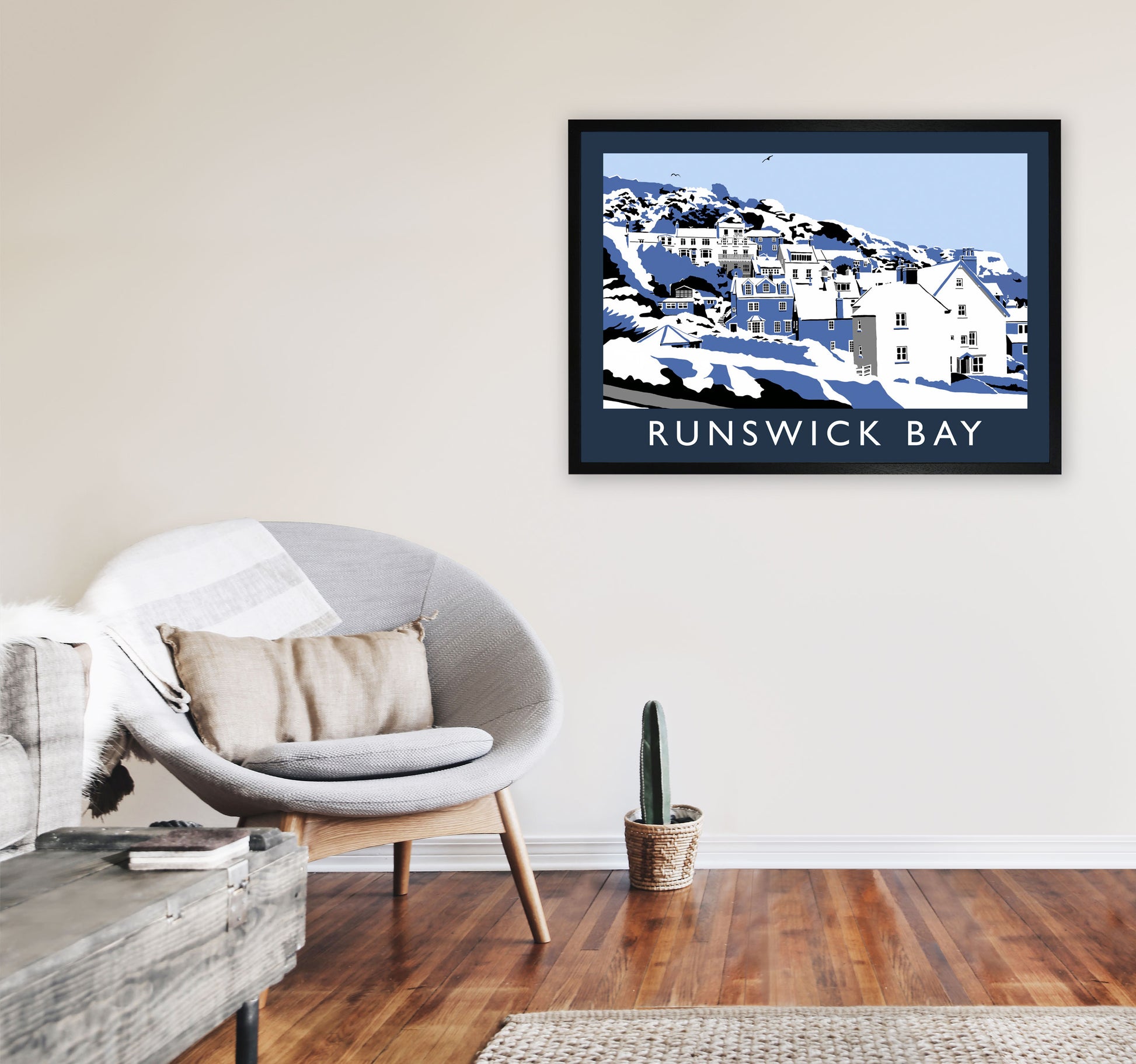 Runswick Bay In Snow Travel Art Print by Richard O'Neill, Framed Wall Art A1 White Frame