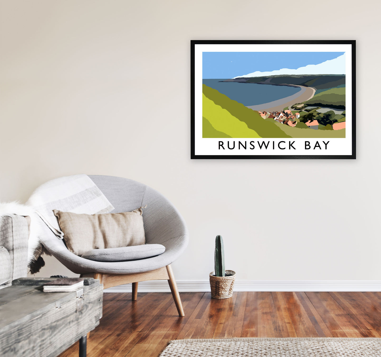 Runswick Bay Travel Art Print by Richard O'Neill, Framed Wall Art A1 White Frame