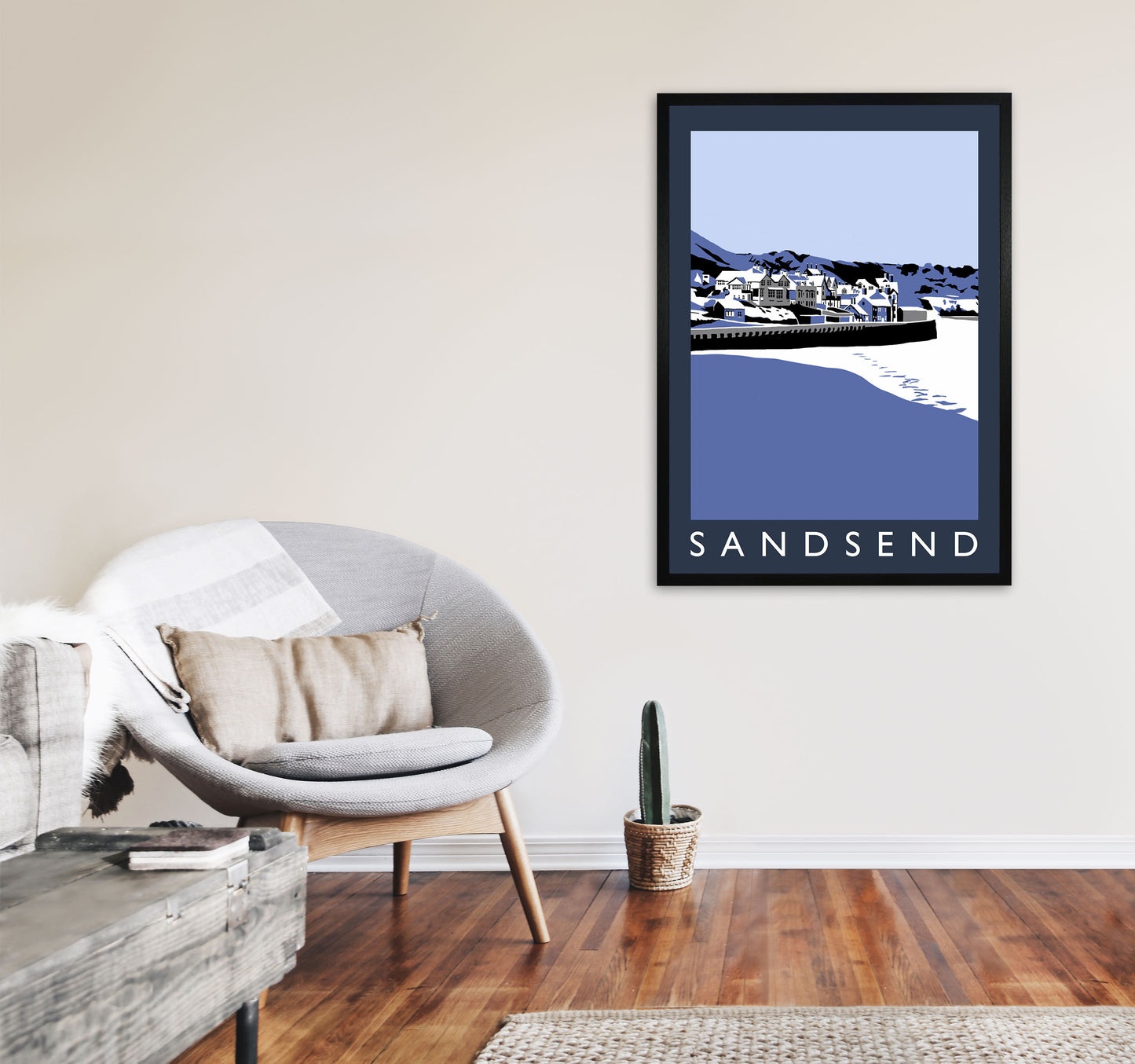 Sandsend In Snow PortraitTravel Art Print by Richard O'Neill, Framed Wall Art A1 White Frame