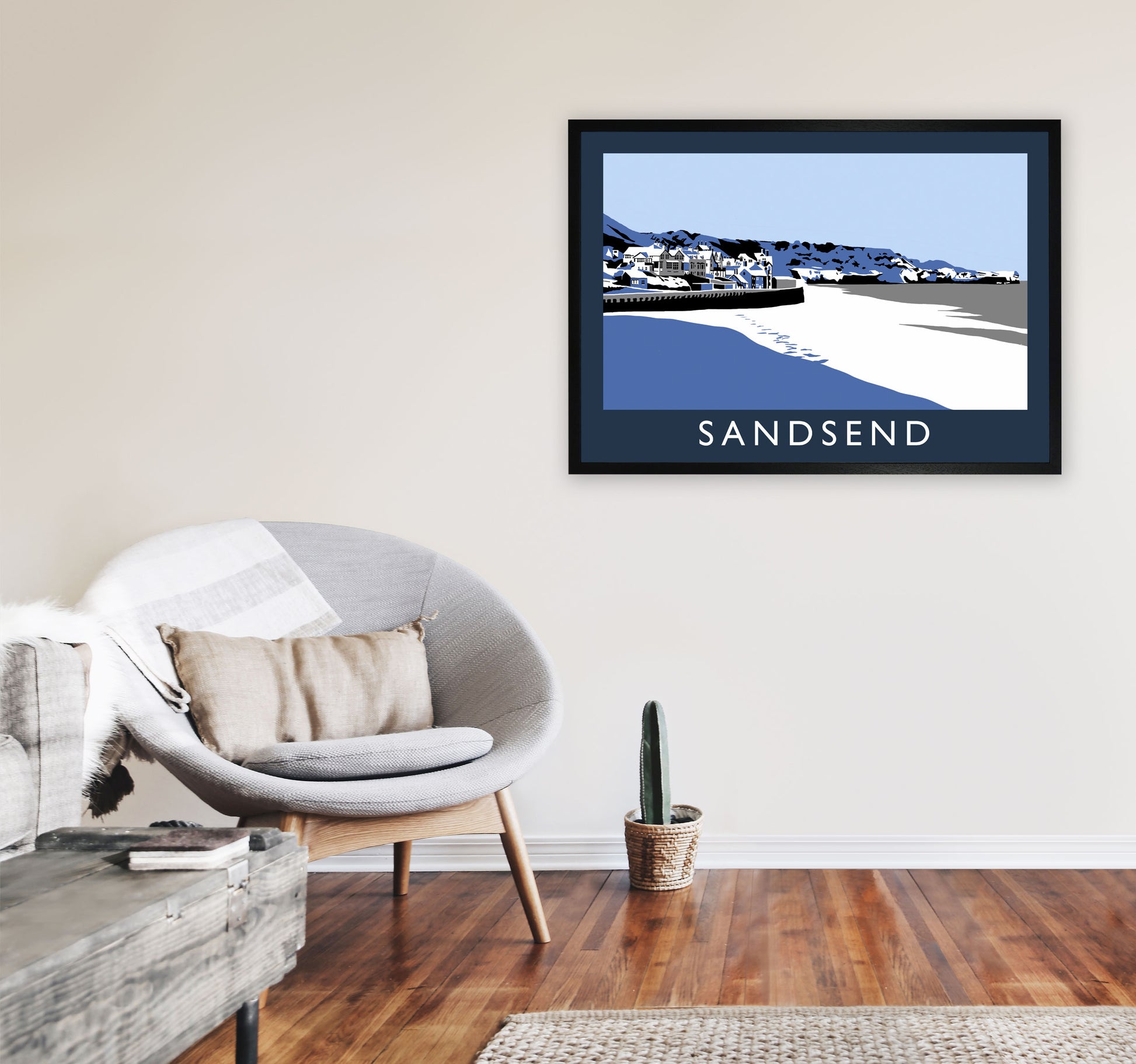 Sandsend In Snow Travel Art Print by Richard O'Neill, Framed Wall Art A1 White Frame