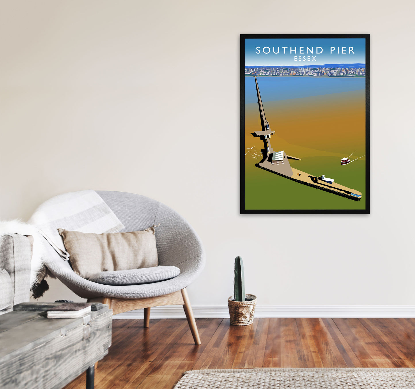 Southend Pier Essex Travel Art Print by Richard O'Neill, Framed Wall Art A1 White Frame