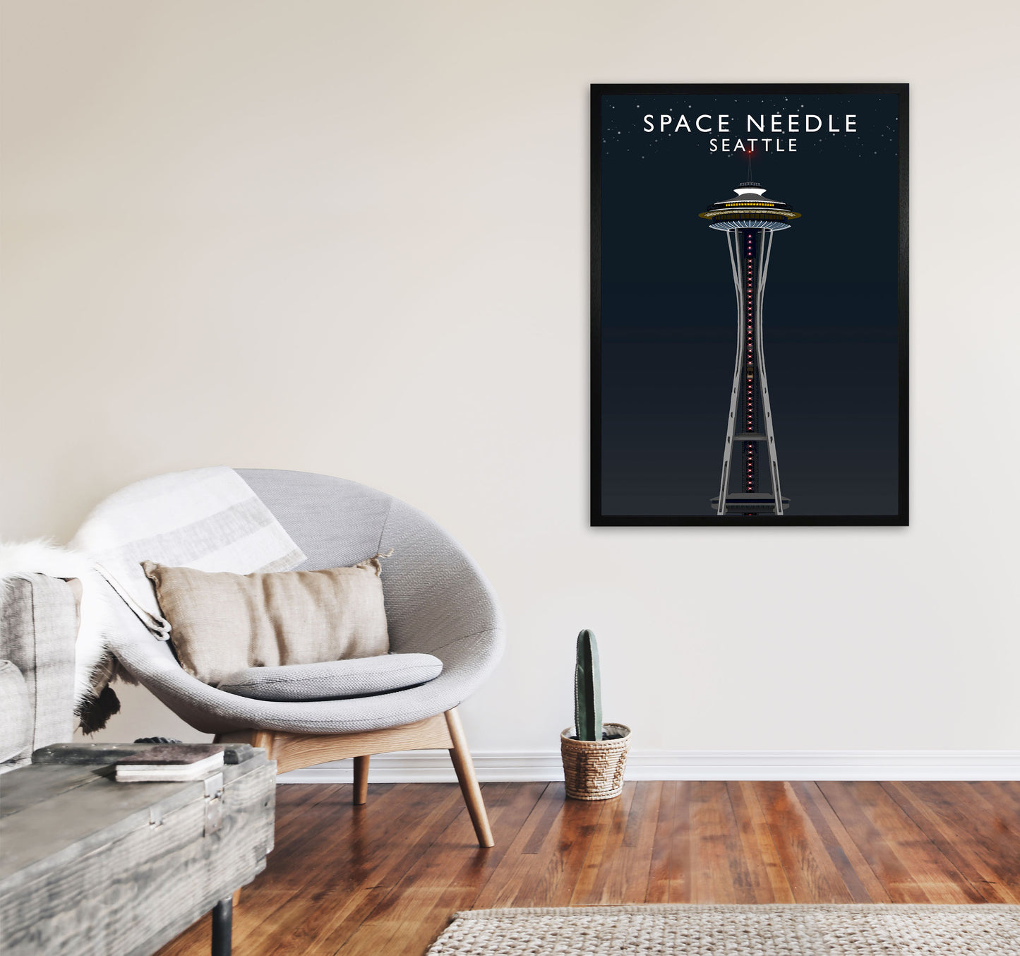 Space Needle Seattle Night Art Print by Richard O'Neill A1 White Frame