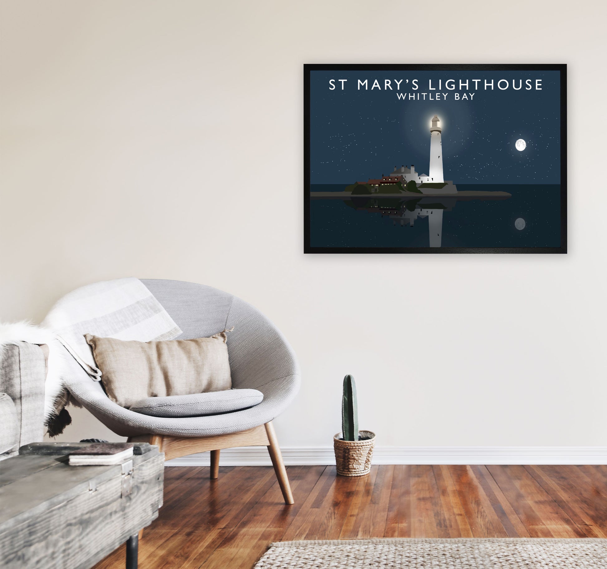 St Mary's Lighthouse Whitley Bay Framed Art Print by Richard O'Neill A1 White Frame