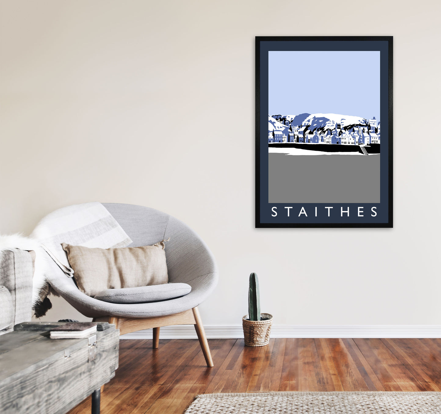 Staithes In Snow PortraitTravel Art Print by Richard O'Neill, Framed Wall Art A1 White Frame