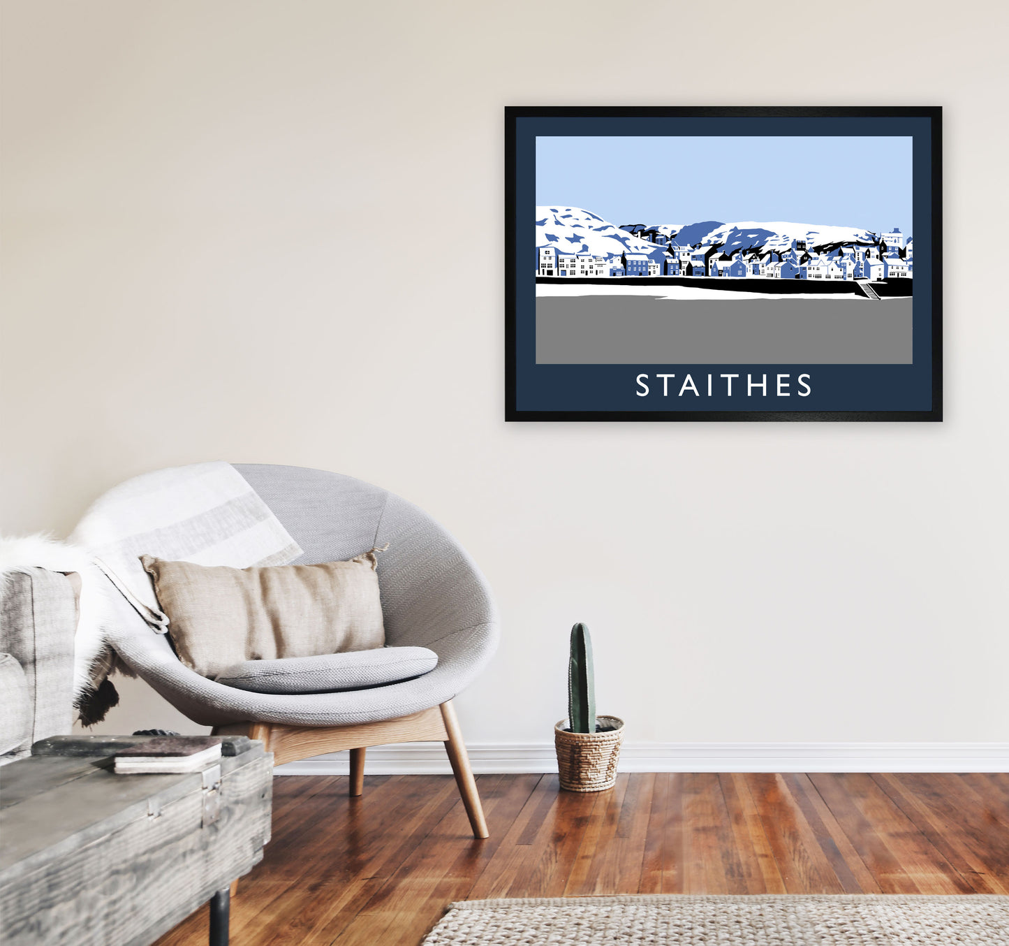 Staithes In Snow Travel Art Print by Richard O'Neill, Framed Wall Art A1 White Frame