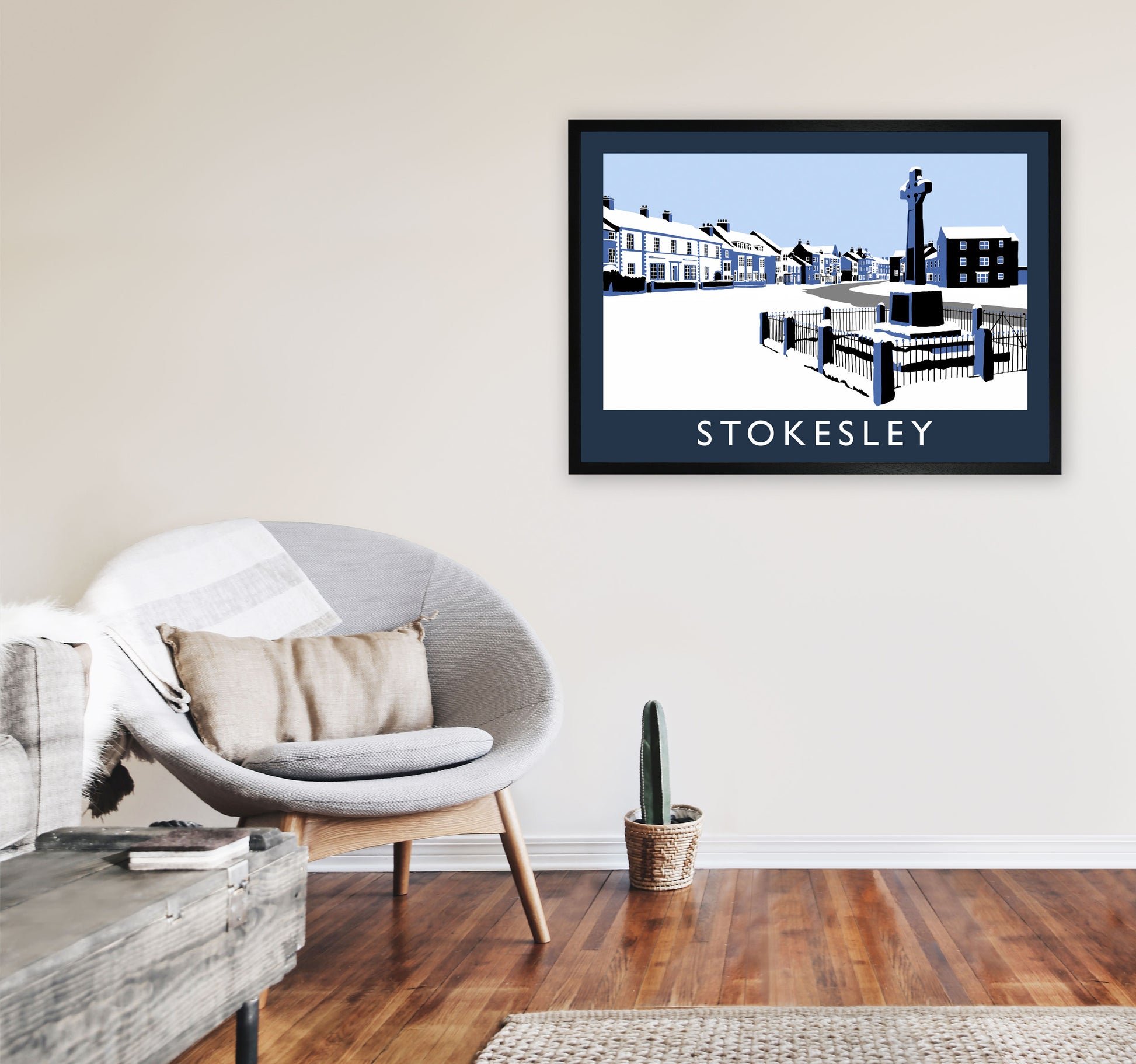 Stokesley In Snow Travel Art Print by Richard O'Neill, Framed Wall Art A1 White Frame