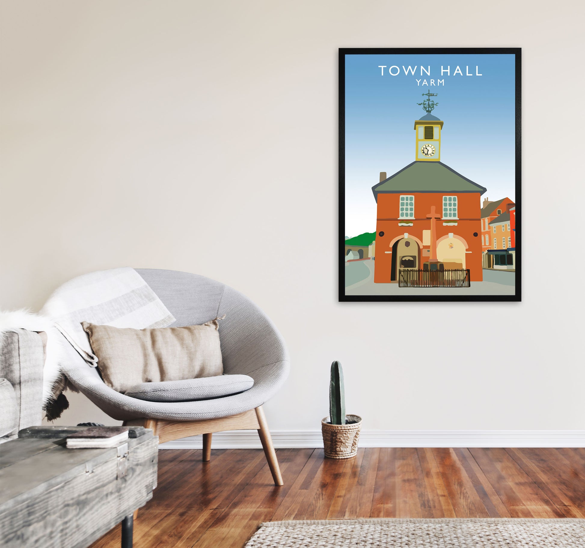 Town Hall Yarm Travel Art Print by Richard O'Neill, Framed Wall Art A1 White Frame