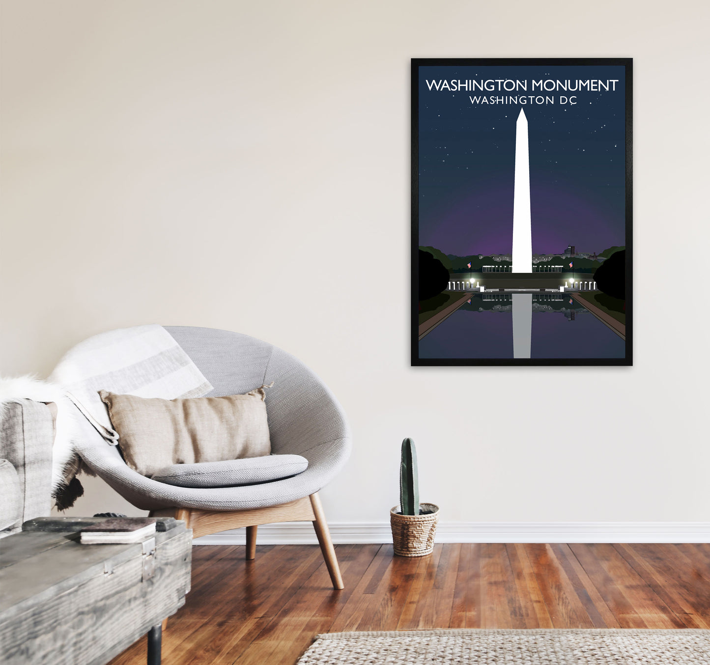 Washington DC Monument Night Travel Art Print by Richard O'Neill A1 White Frame