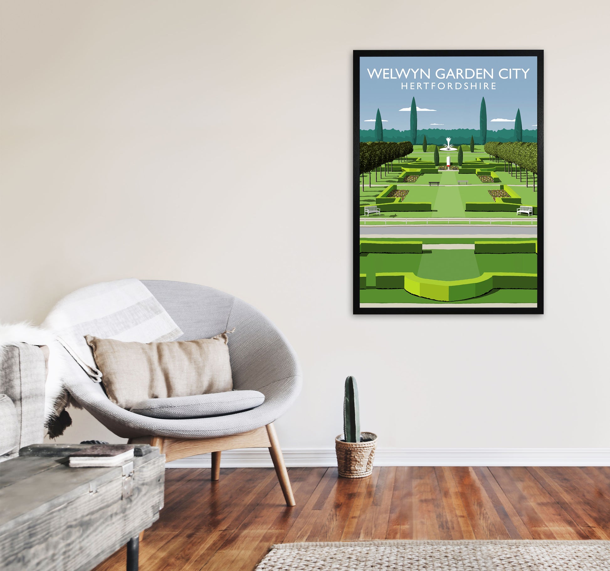 Welwyn Garden City Portrait Hertfordshire Travel Art Print by Richard O'Neill A1 White Frame