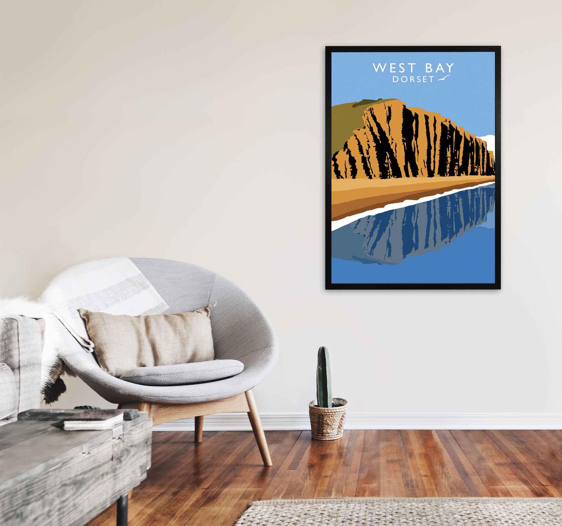 West Bay Dorset Travel Art Print by Richard O'Neill, Framed Wall Art A1 White Frame