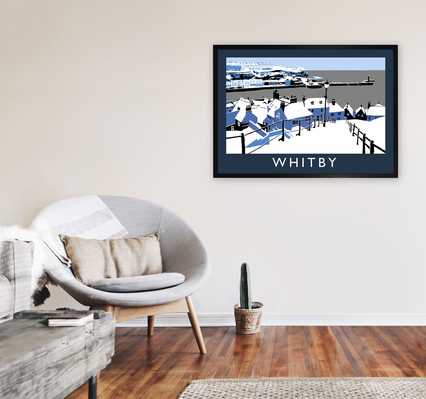 Whitby in Snow Travel Art Print by Richard O'Neill, Framed Wall Art A1 White Frame