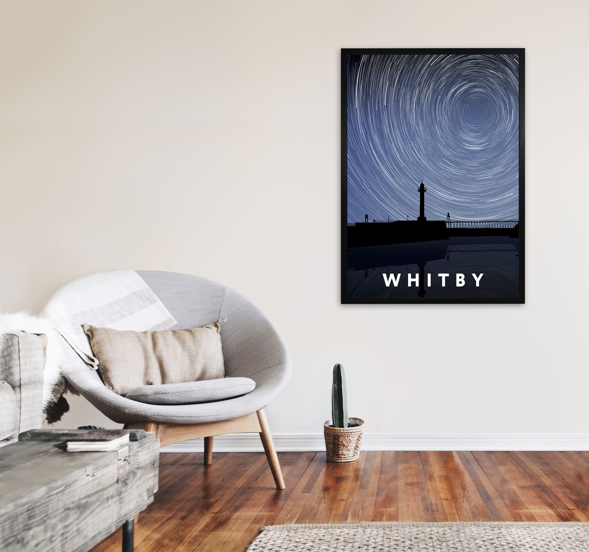 Whitby Night Timelapse Portrait Art Print by Richard O'Neill, Framed Wall Art A1 White Frame