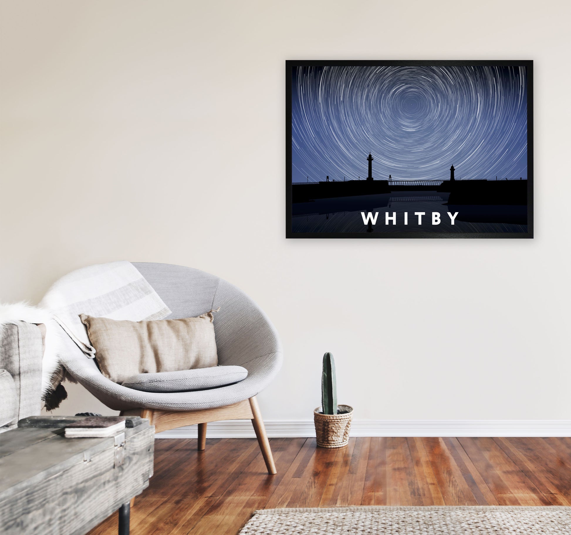 Whitby Night Timelapse Art Print by Richard O'Neill, Framed Wall Art A1 White Frame