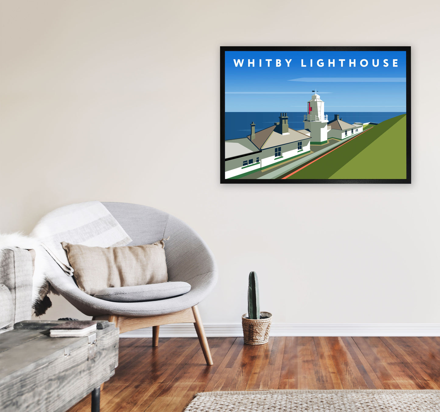 Whitby Lighthouse Digital Art Print by Richard O'Neill, Framed Wall Art A1 White Frame